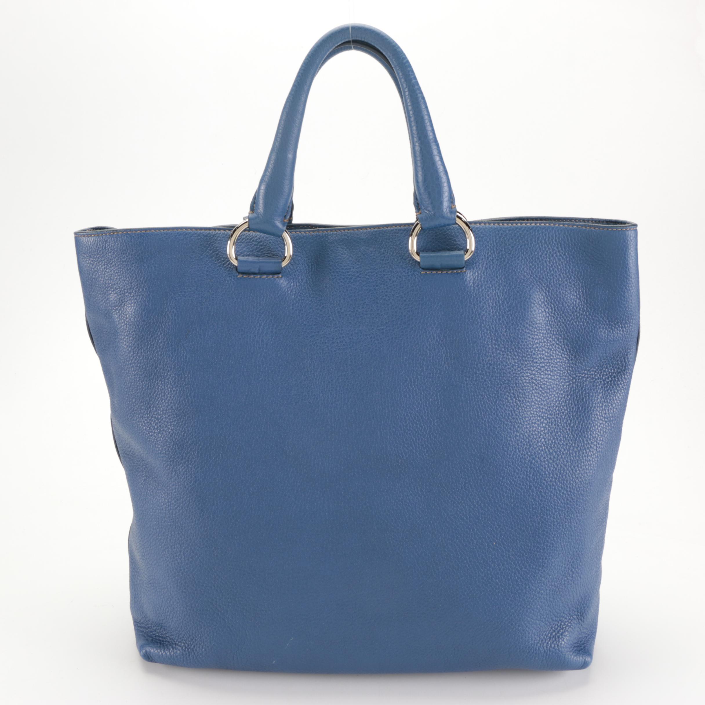 Prada Large Two-Way Tote in Blue Vitello Daino Leather