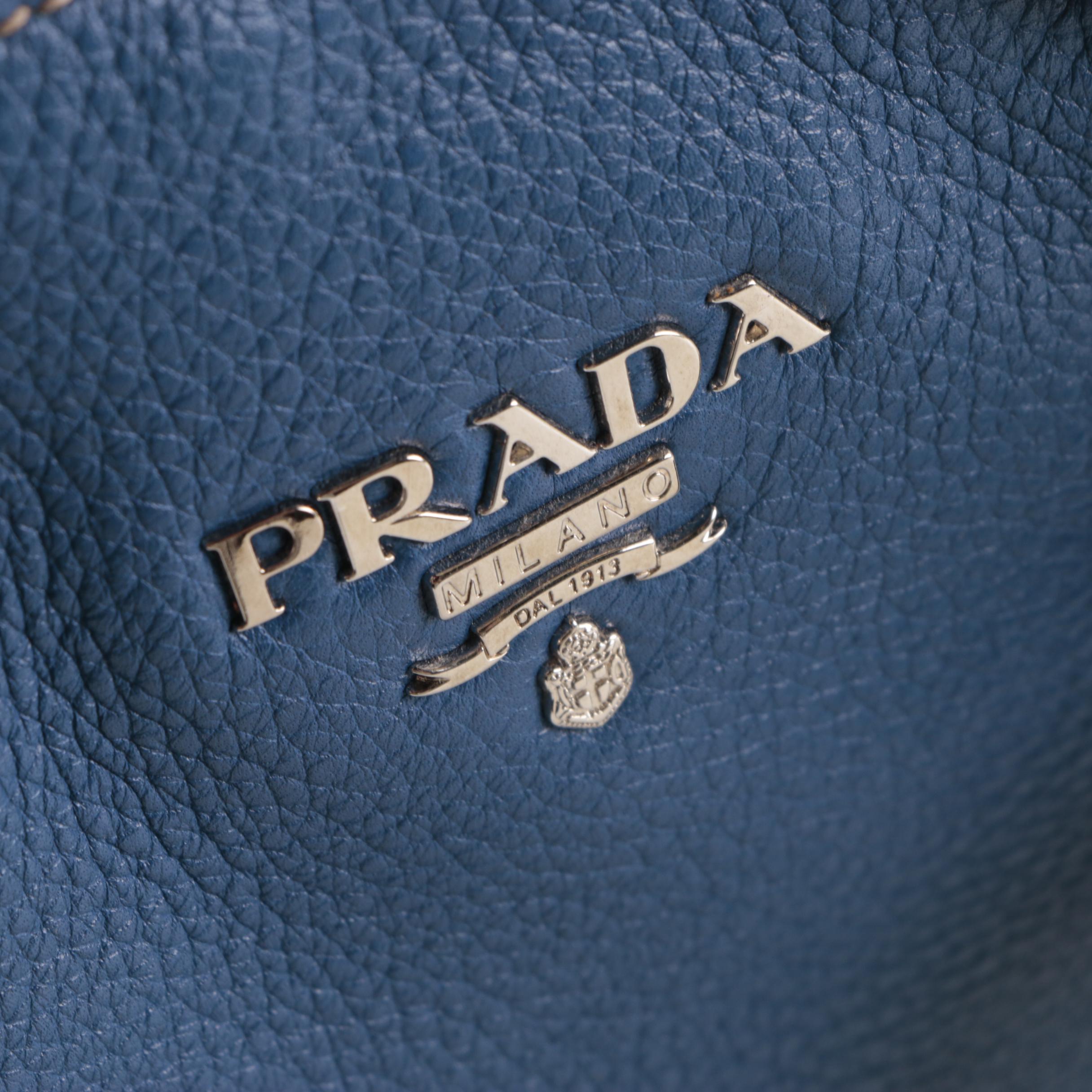 Prada Large Two-Way Tote in Blue Vitello Daino Leather