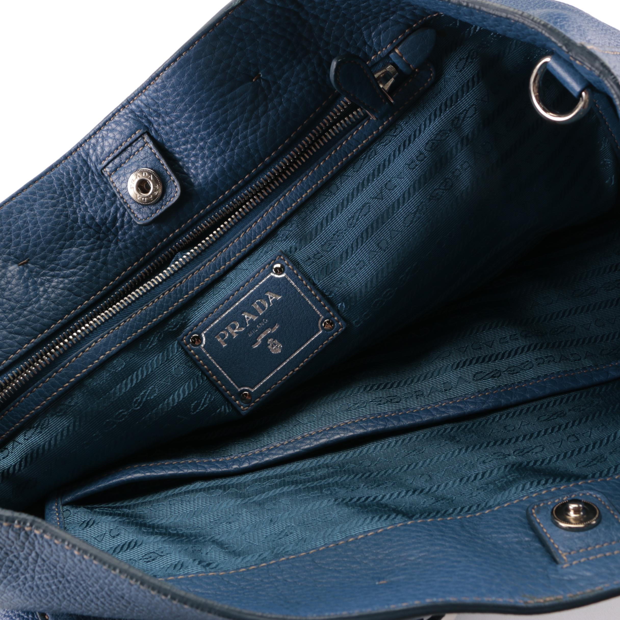 Prada Large Two-Way Tote in Blue Vitello Daino Leather