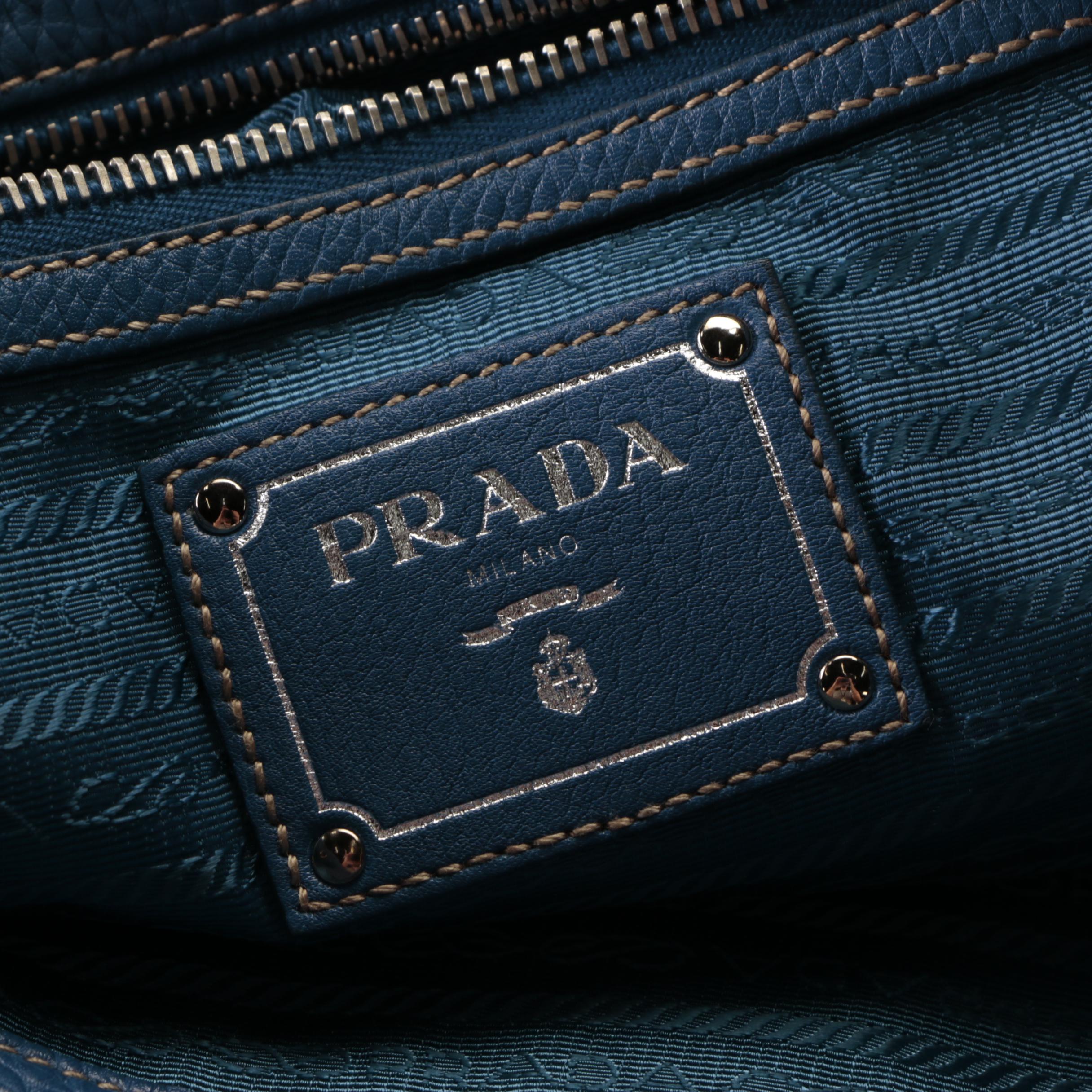 Prada Large Two-Way Tote in Blue Vitello Daino Leather