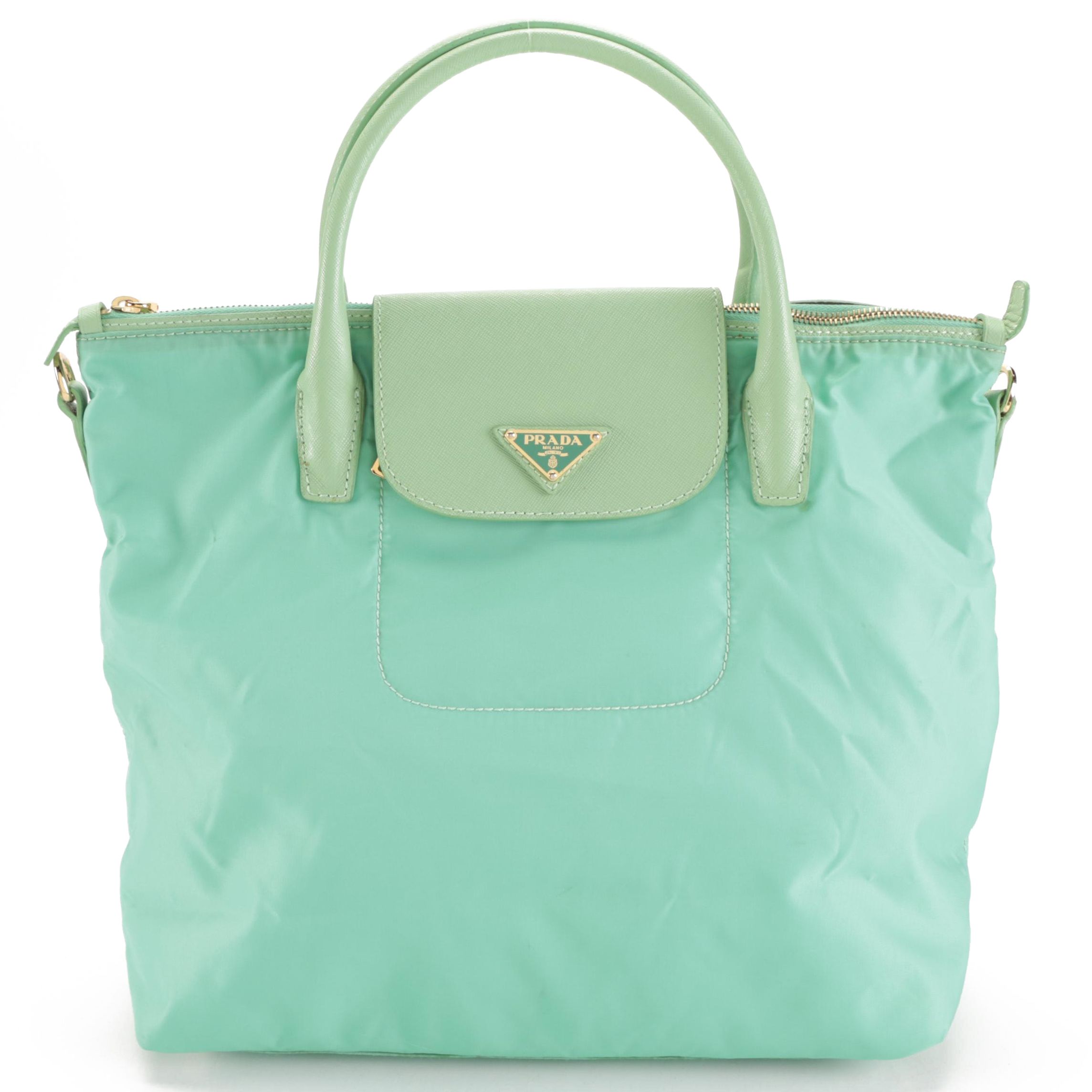 Prada Satchel Bag in Tessuto Nylon and Saffiano Leather Trim with Strap