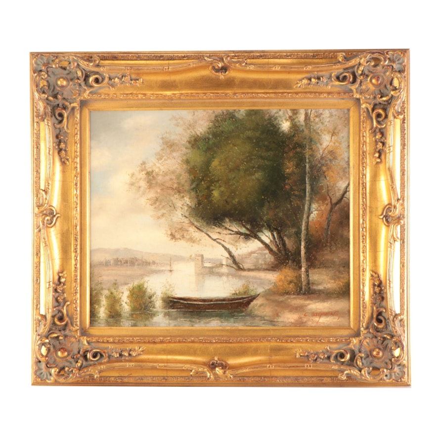 L. Stephano Landscape Oil Painting of River, Late 20th Century