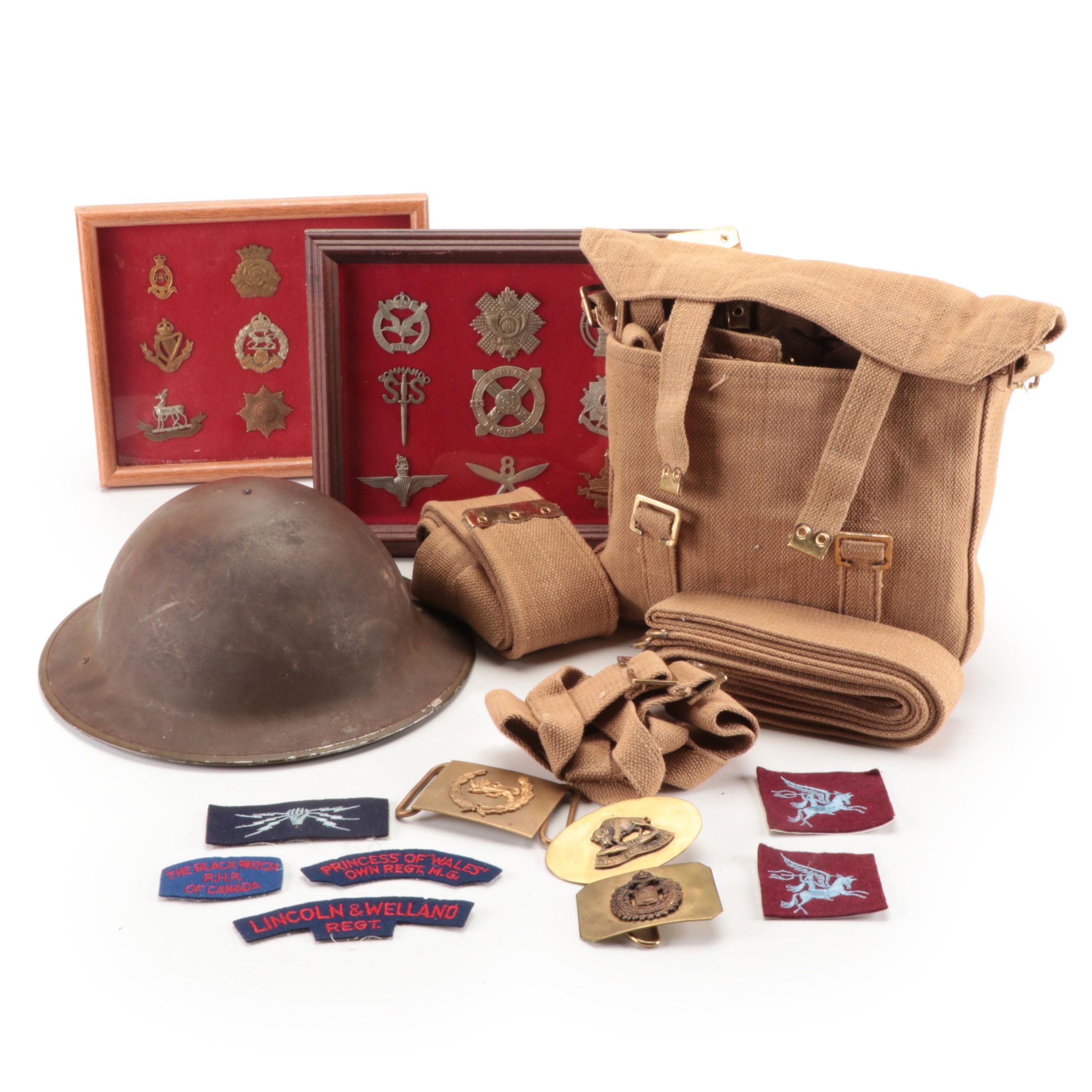Brodie Helmet, Canadian Regiment Patches, British Cap Badge Displays, and More