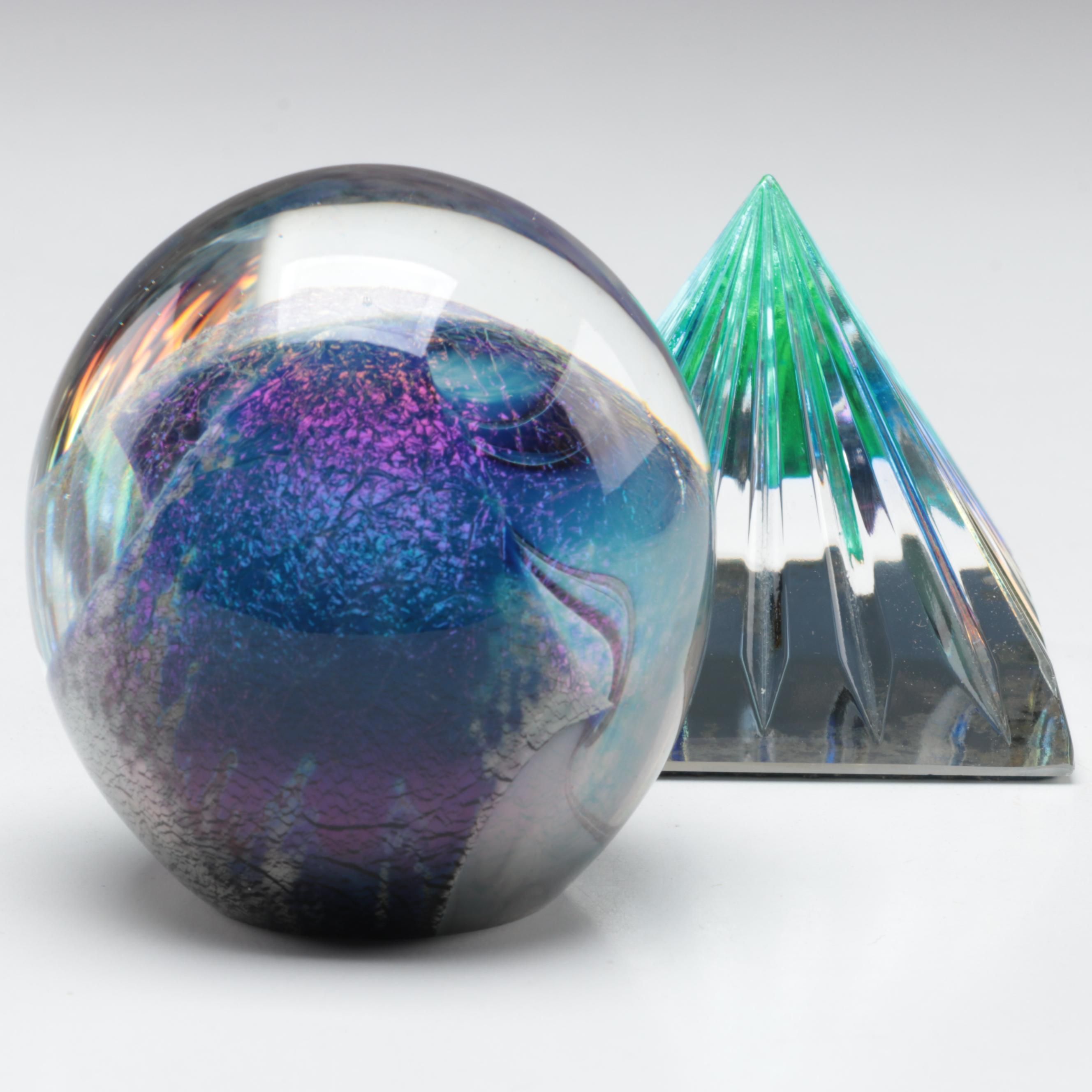 Robert Eickholt Hand Blown Art Glass Paperweight and Other Iridescent Pyramid