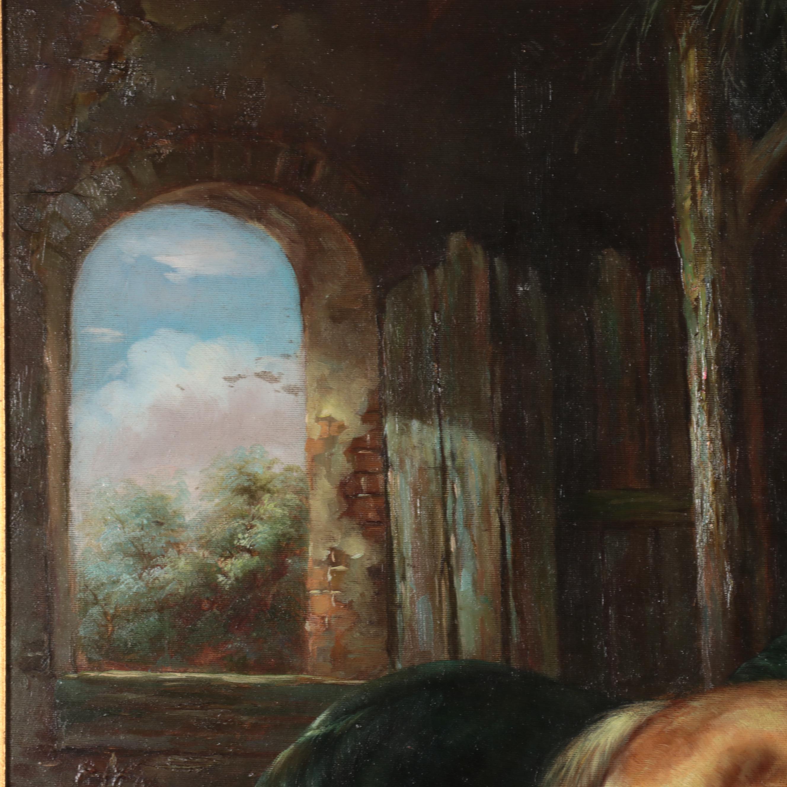 Oil Painting of Stable Interior With Three Horses