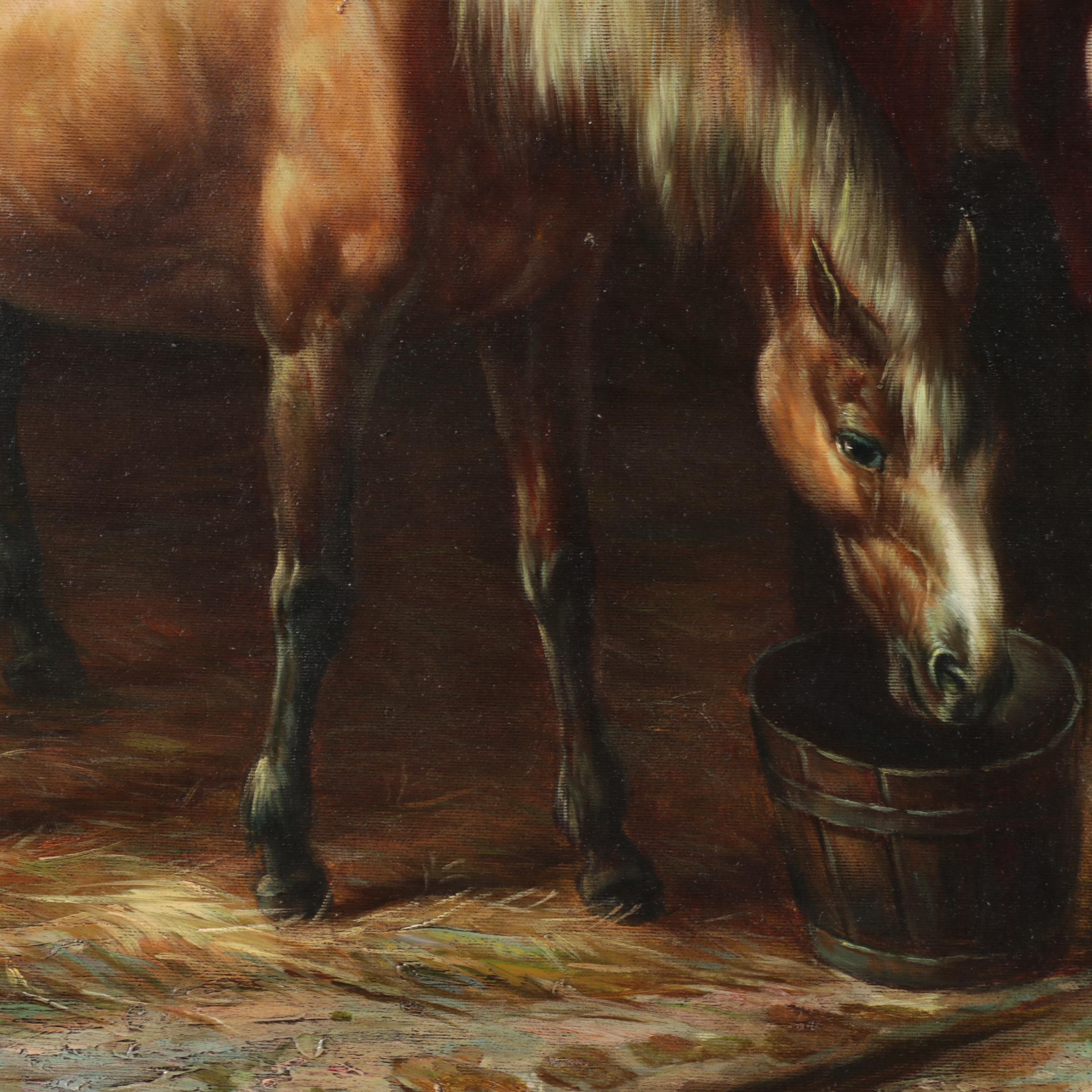 Oil Painting of Stable Interior With Three Horses