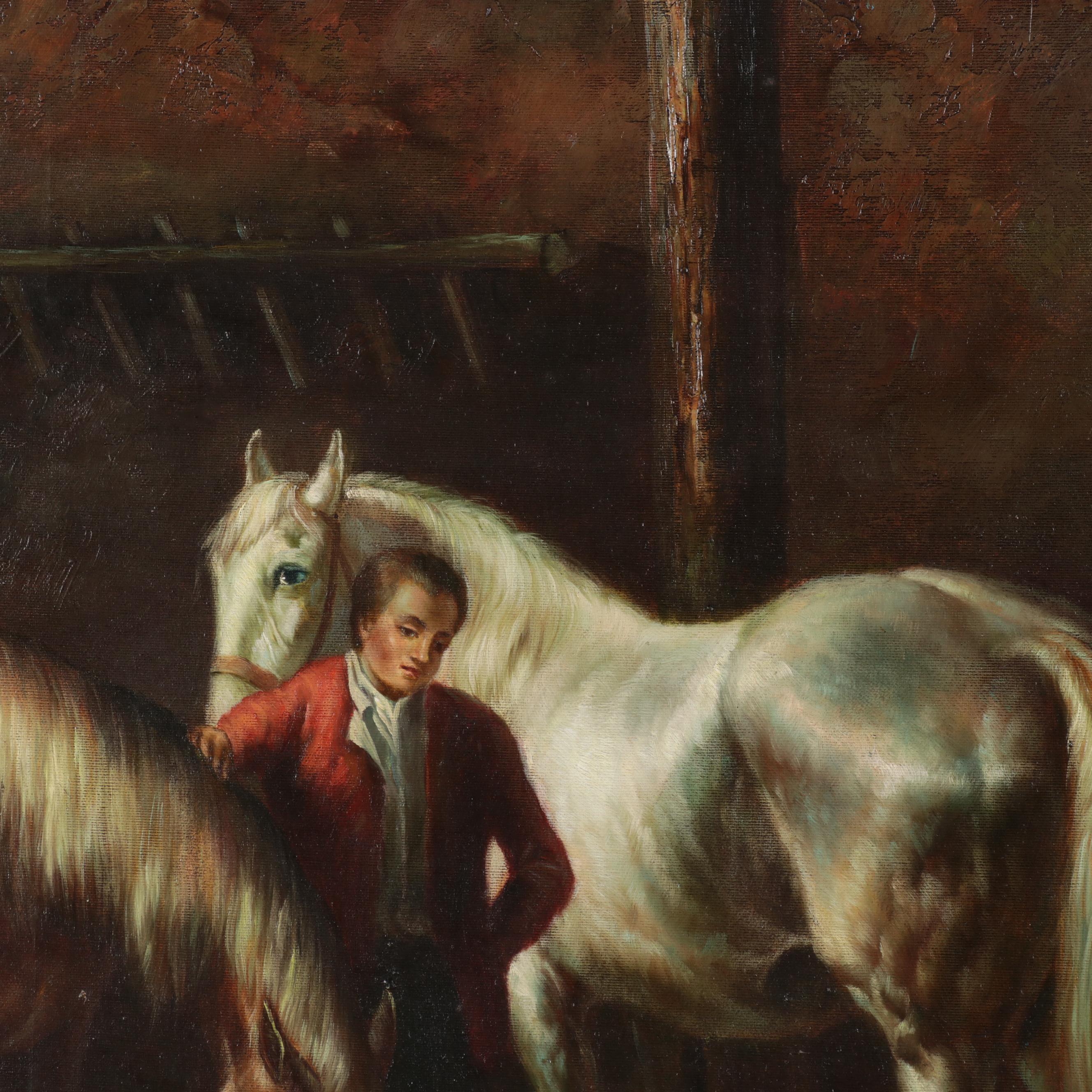 Oil Painting of Stable Interior With Three Horses
