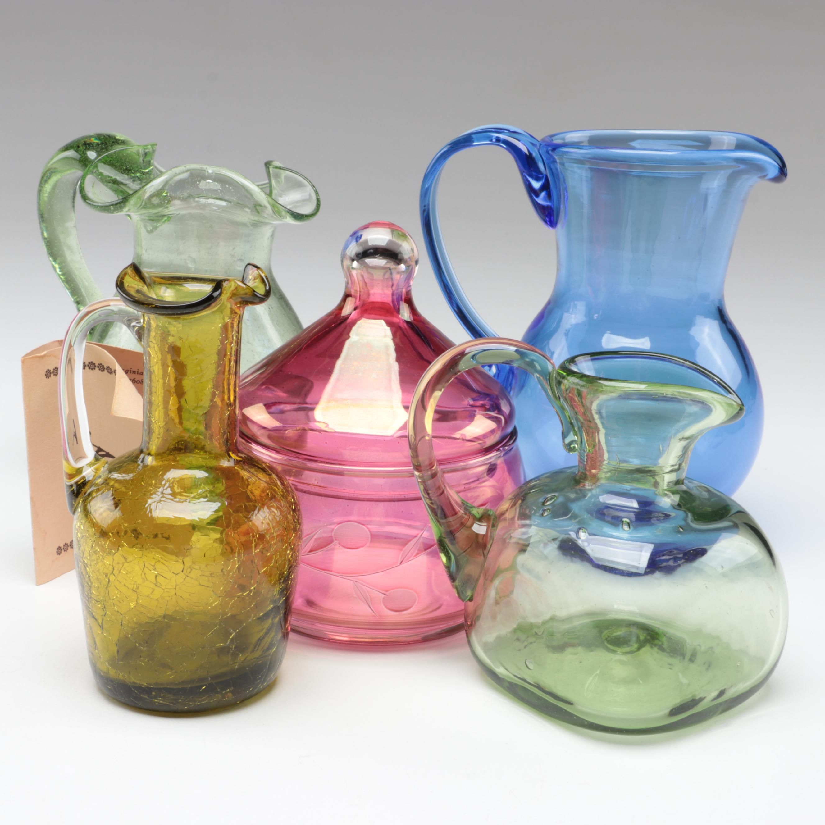 Jamestown Glasshouse Hand-Blown Pitcher with Other Glass Tableware