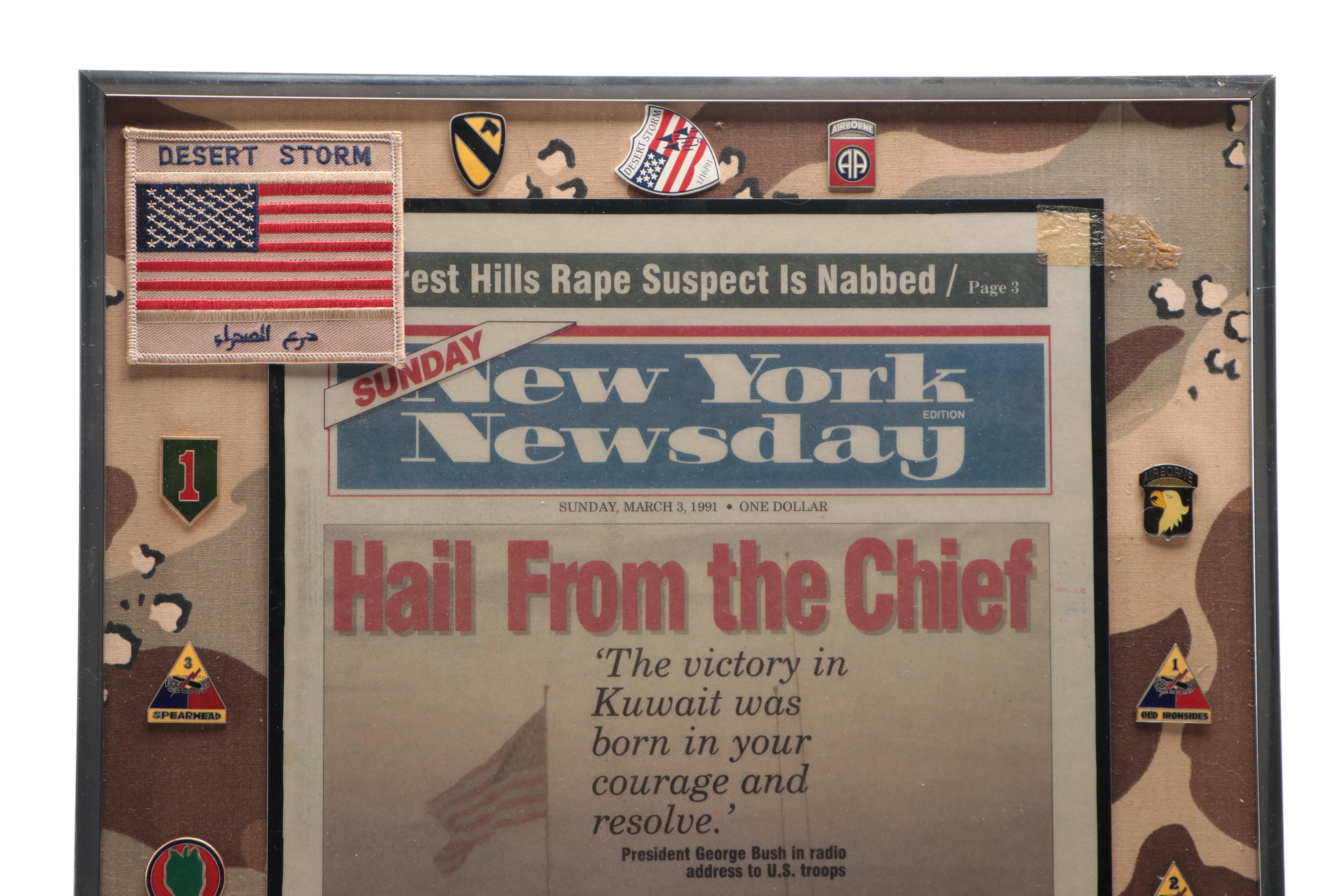 U. S. Military Gulf War Memorabilia Including Patches, Pins and Newspaper Cover