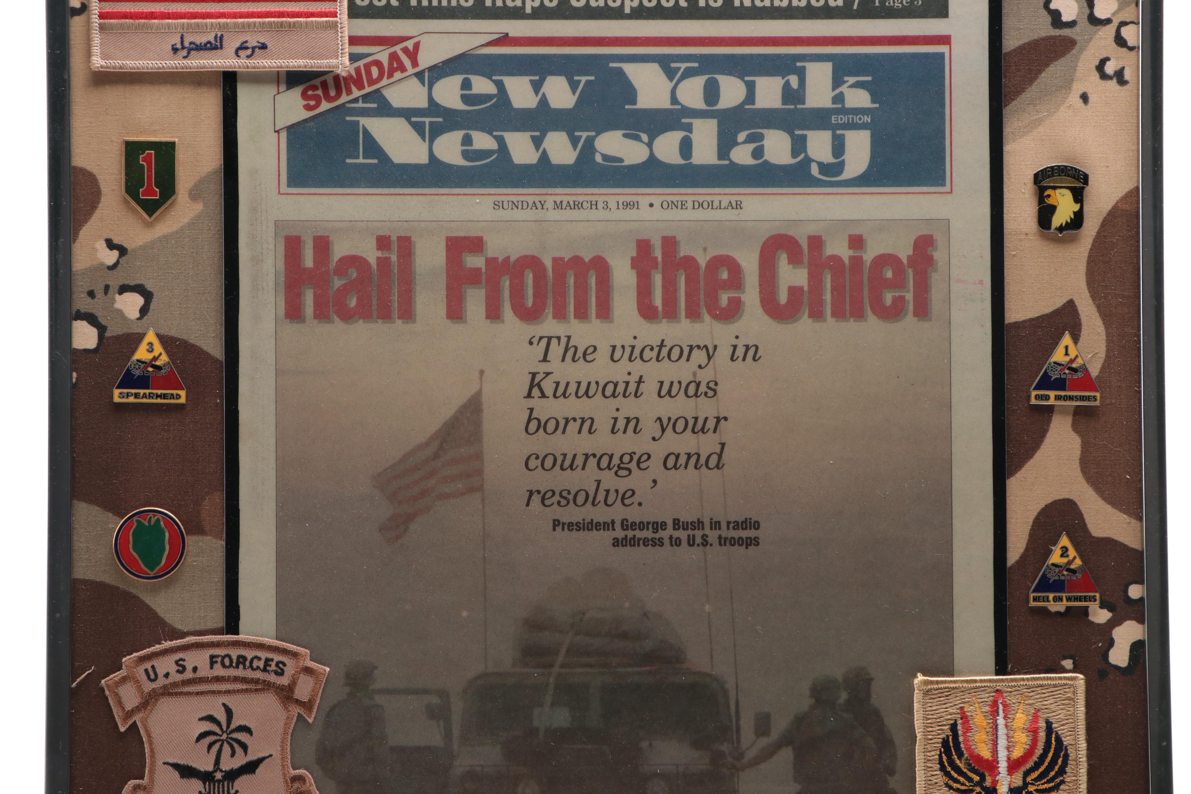 U. S. Military Gulf War Memorabilia Including Patches, Pins and Newspaper Cover