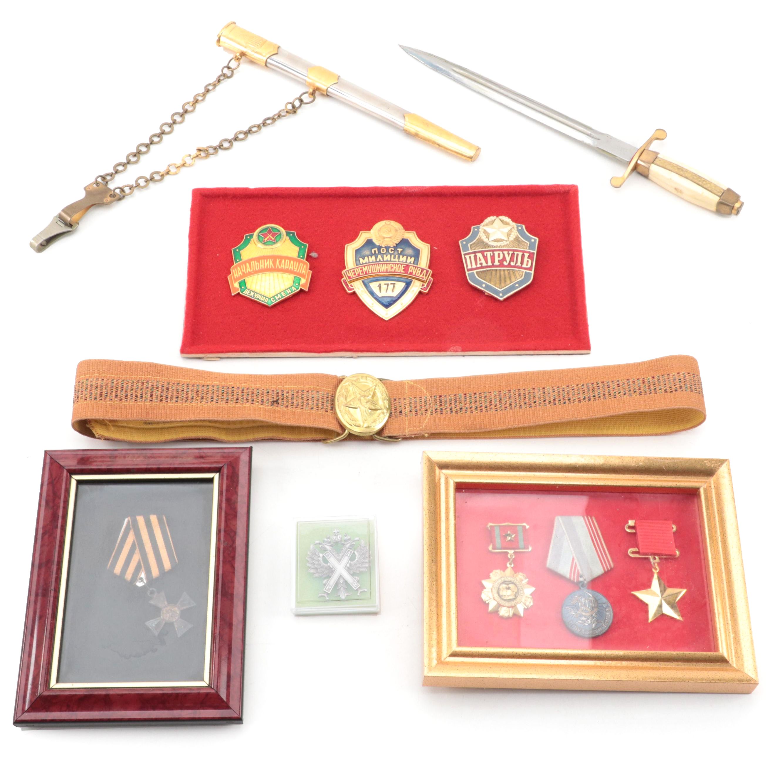 Soviet Russian Military Medals, Badges, Army Officer's Dagger and Parade Belt