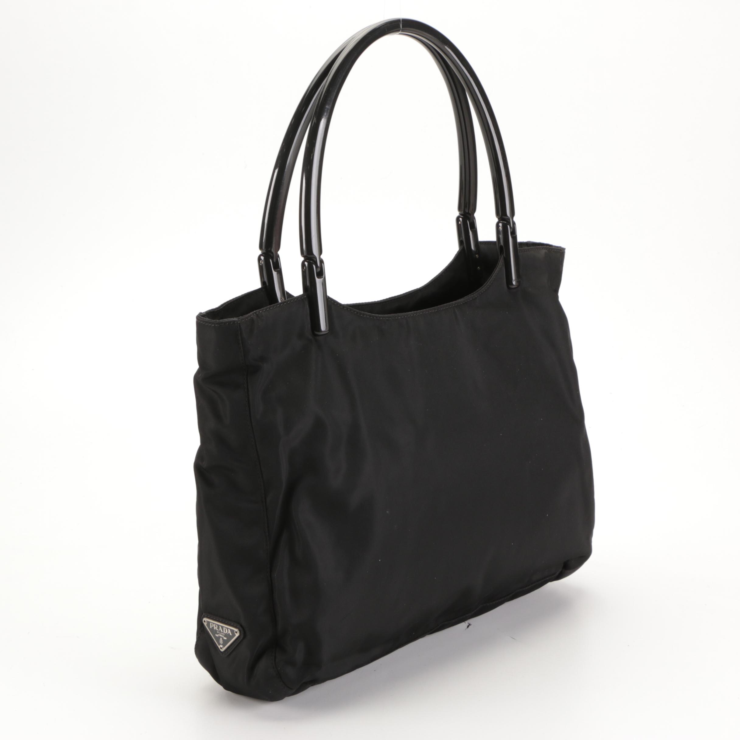 Prada Shoulder Bag with Hard Plastic Handles in Black Nylon Twill