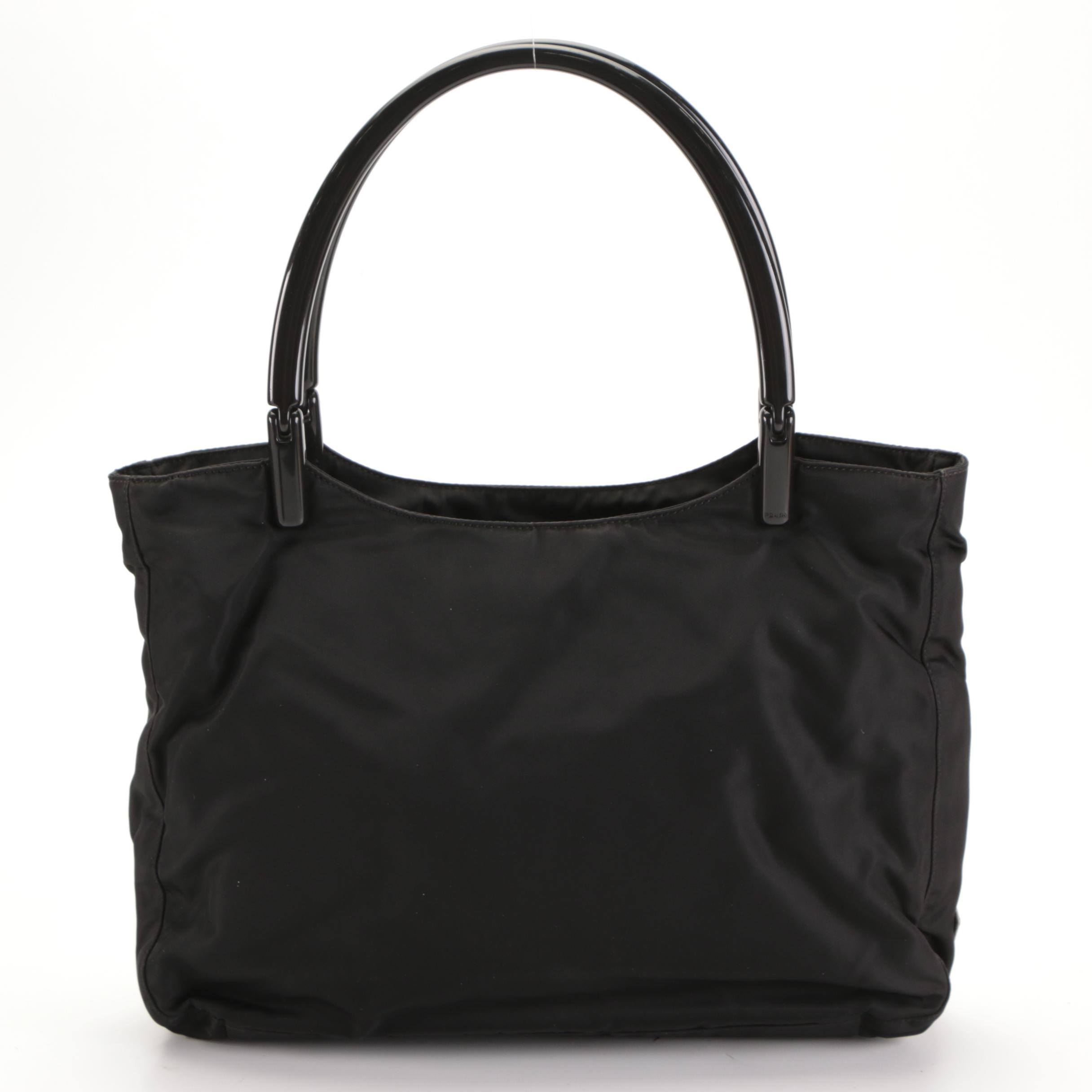 Prada Shoulder Bag with Hard Plastic Handles in Black Nylon Twill