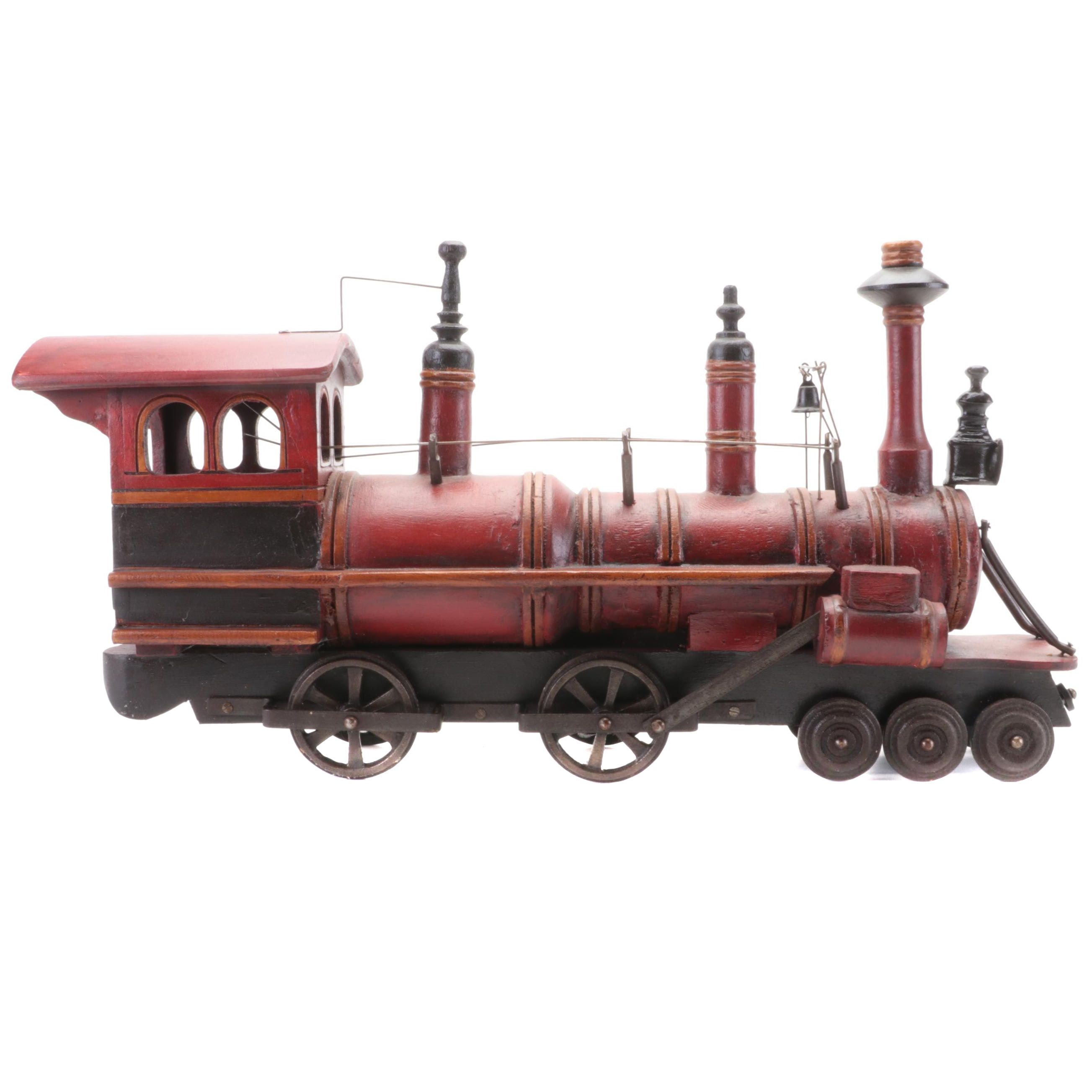 Handcrafted Wooden Toy Steam Locomotive with Conductor Figure, 1940s