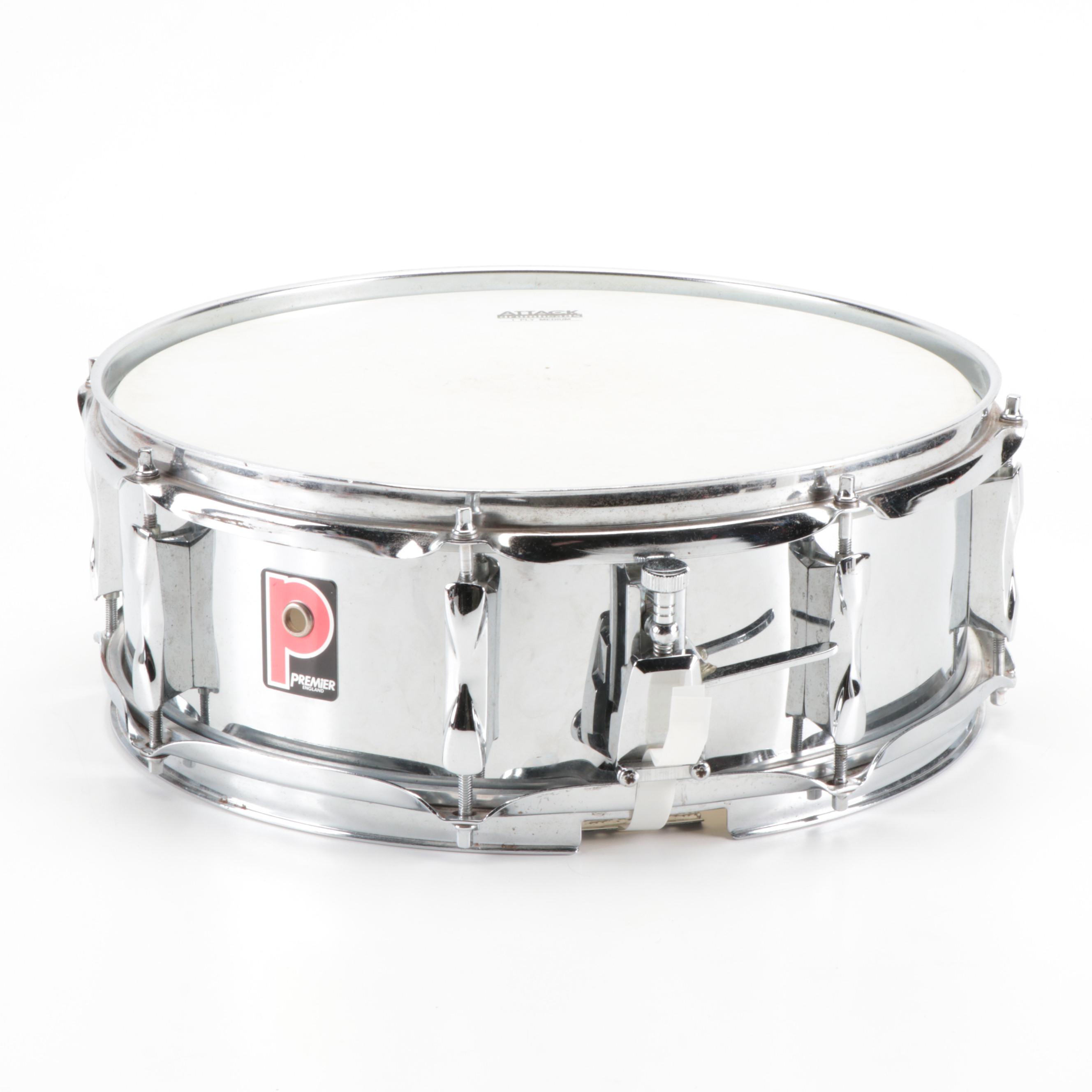 Premier Chrome Snare Drum with Attack Drumheads in Drum Pack Case