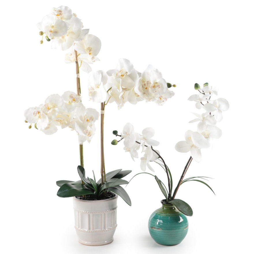 Faux Orchid Flowers in Glazed Ceramic Planters