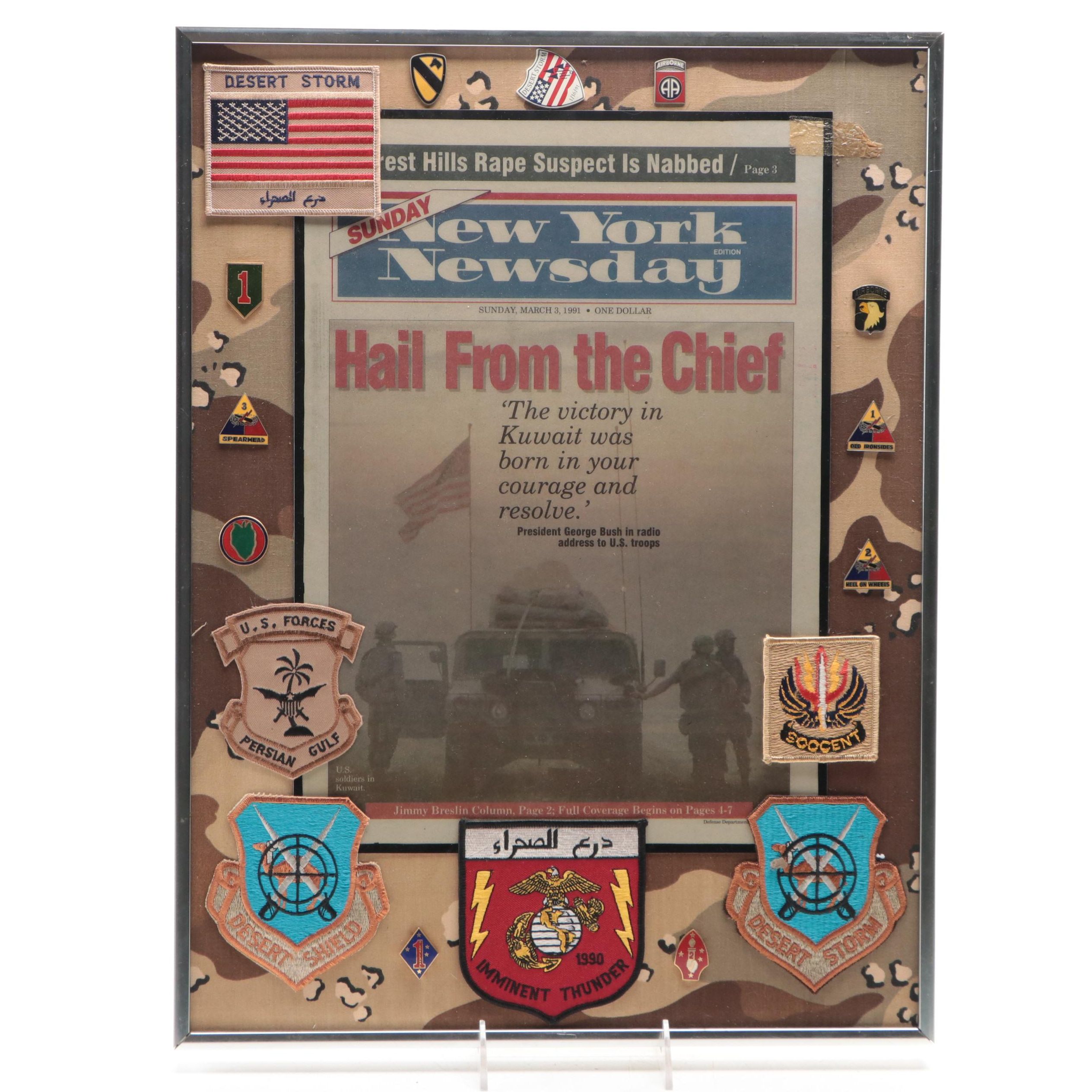 U. S. Military Gulf War Memorabilia Including Patches, Pins and Newspaper Cover