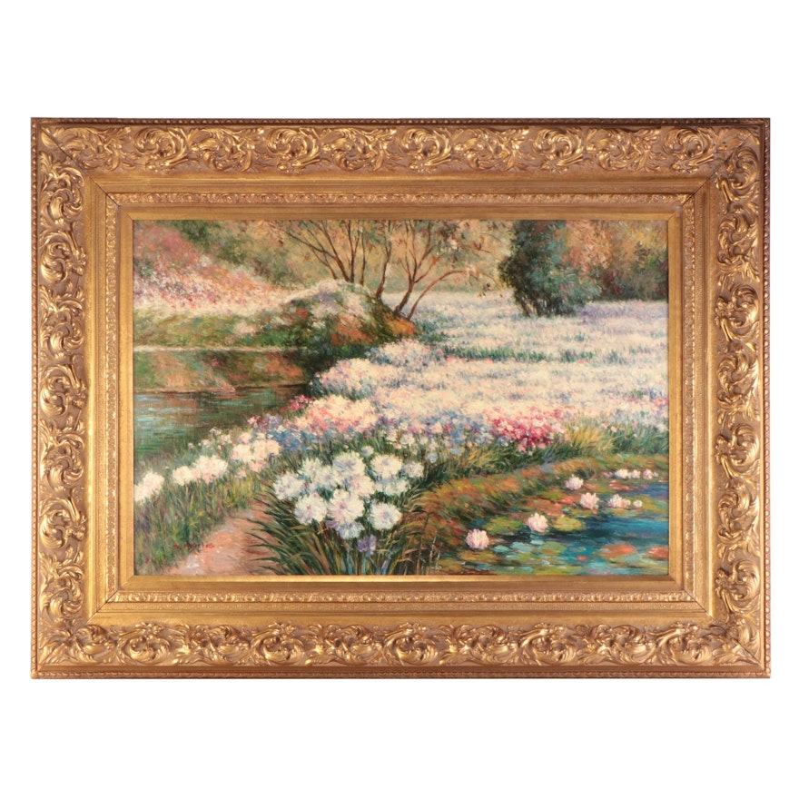 S. Morris Impressionist Style Landscape Oil Painting of Flowers