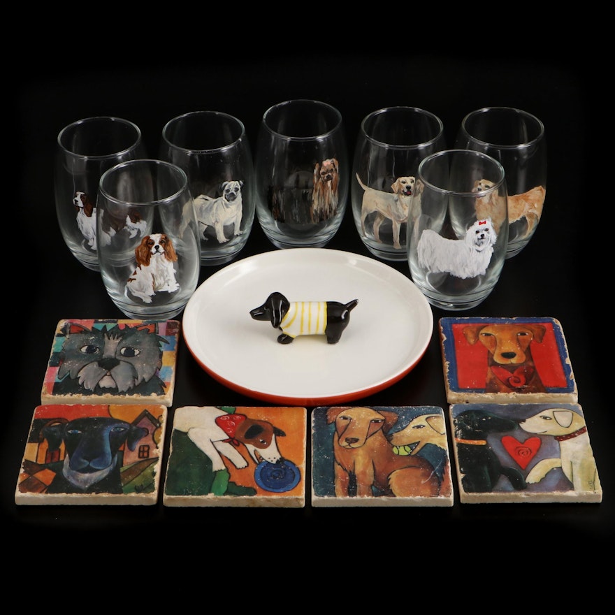 Hand-Painted Dogs Stemless Wineglasses with Dog Themed Coasters and Serving Dish