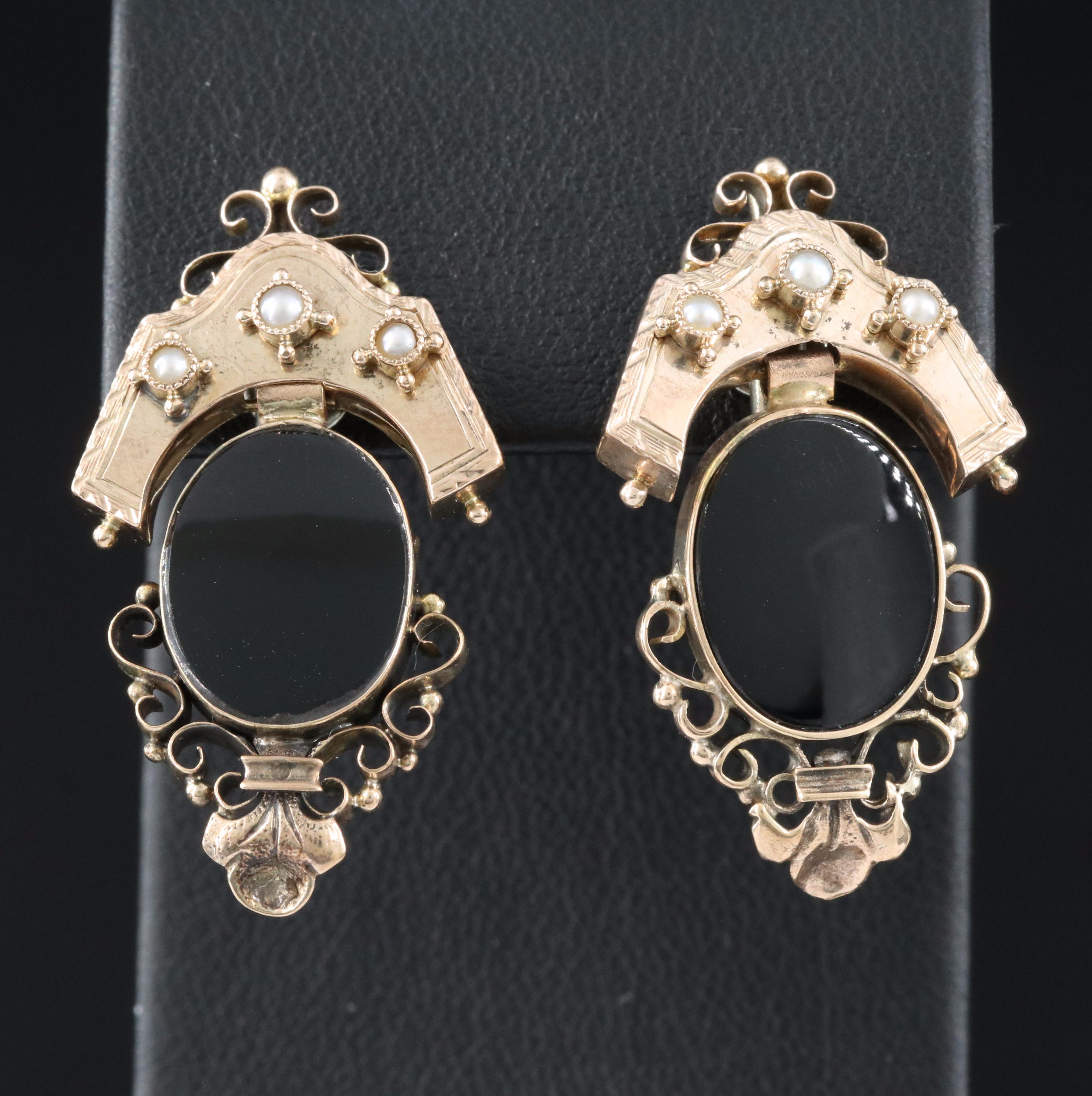 Mid-Victorian 10K Black Onyx and Pearl Mourning Earrings