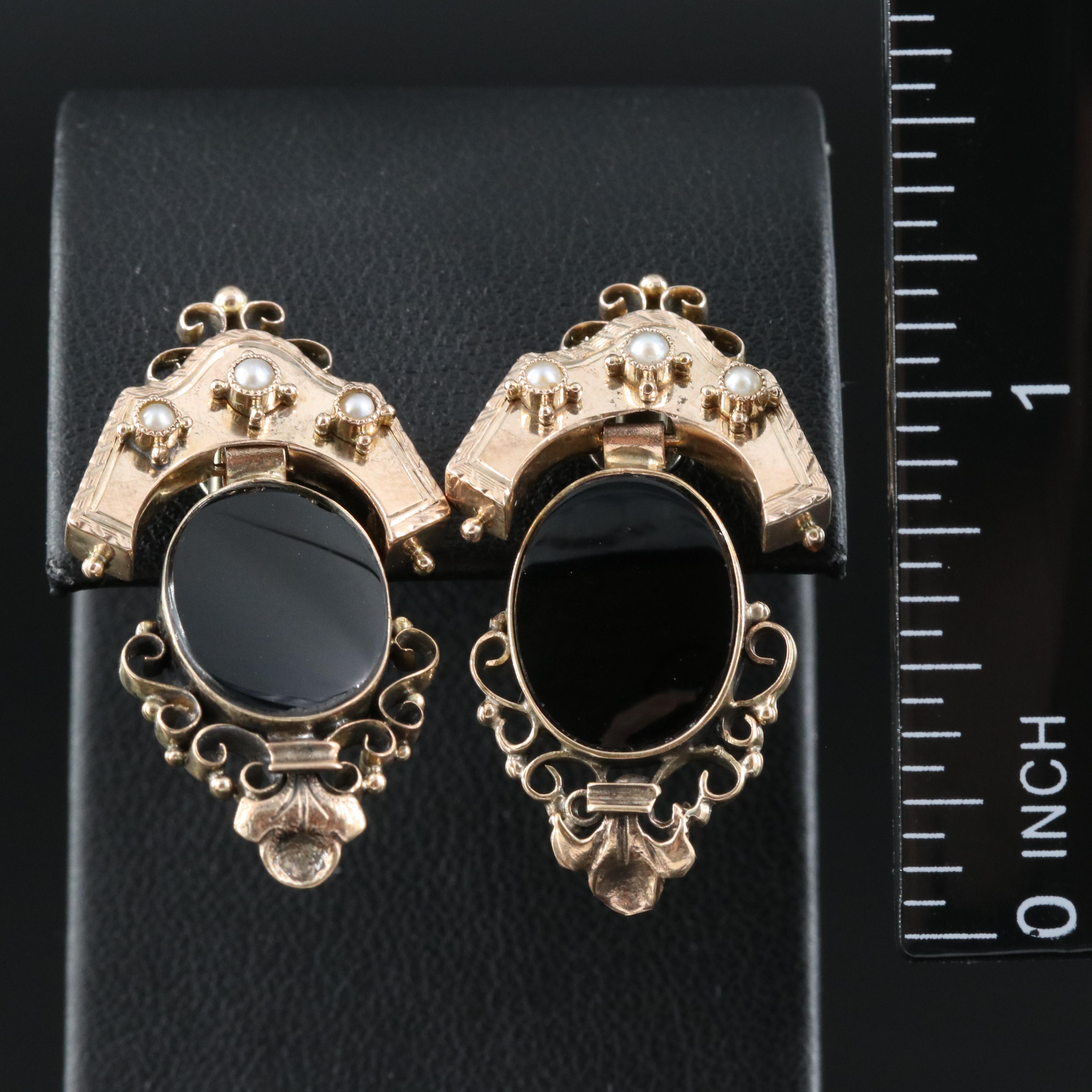 Mid-Victorian 10K Black Onyx and Pearl Mourning Earrings