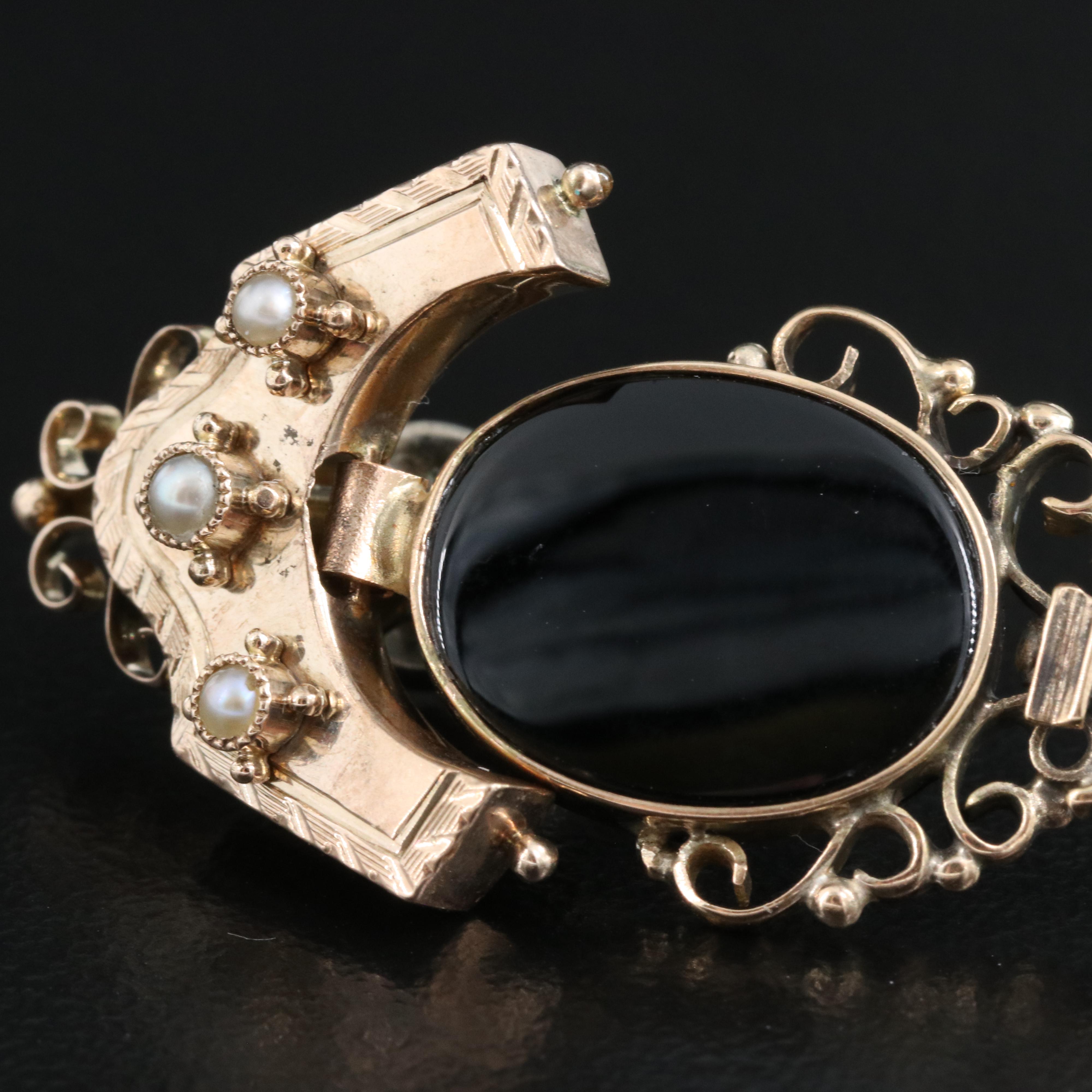 Mid-Victorian 10K Black Onyx and Pearl Mourning Earrings
