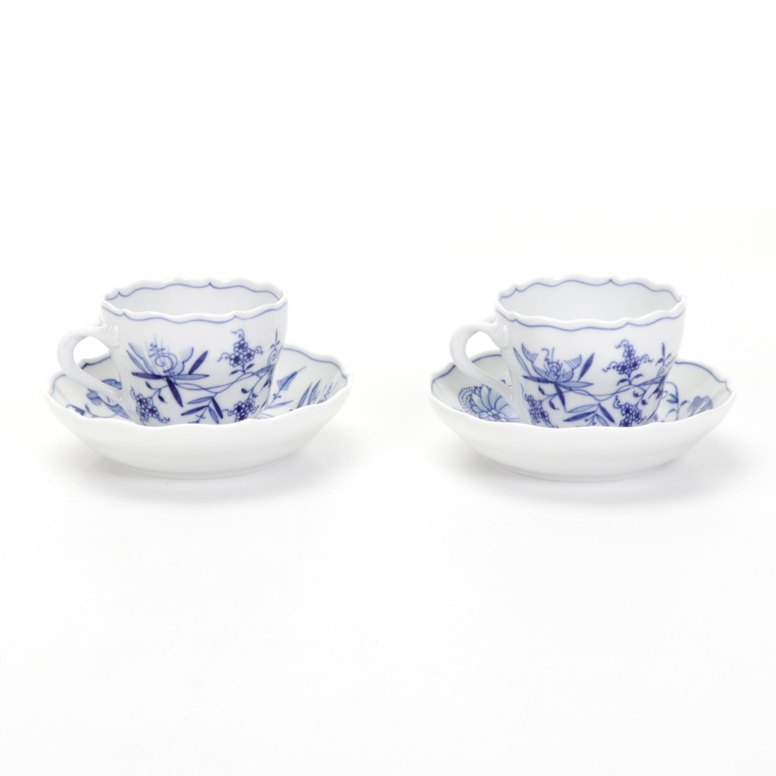 Meissen "Blue Onion" 250th Anniversary Teacups and Saucers, 1989