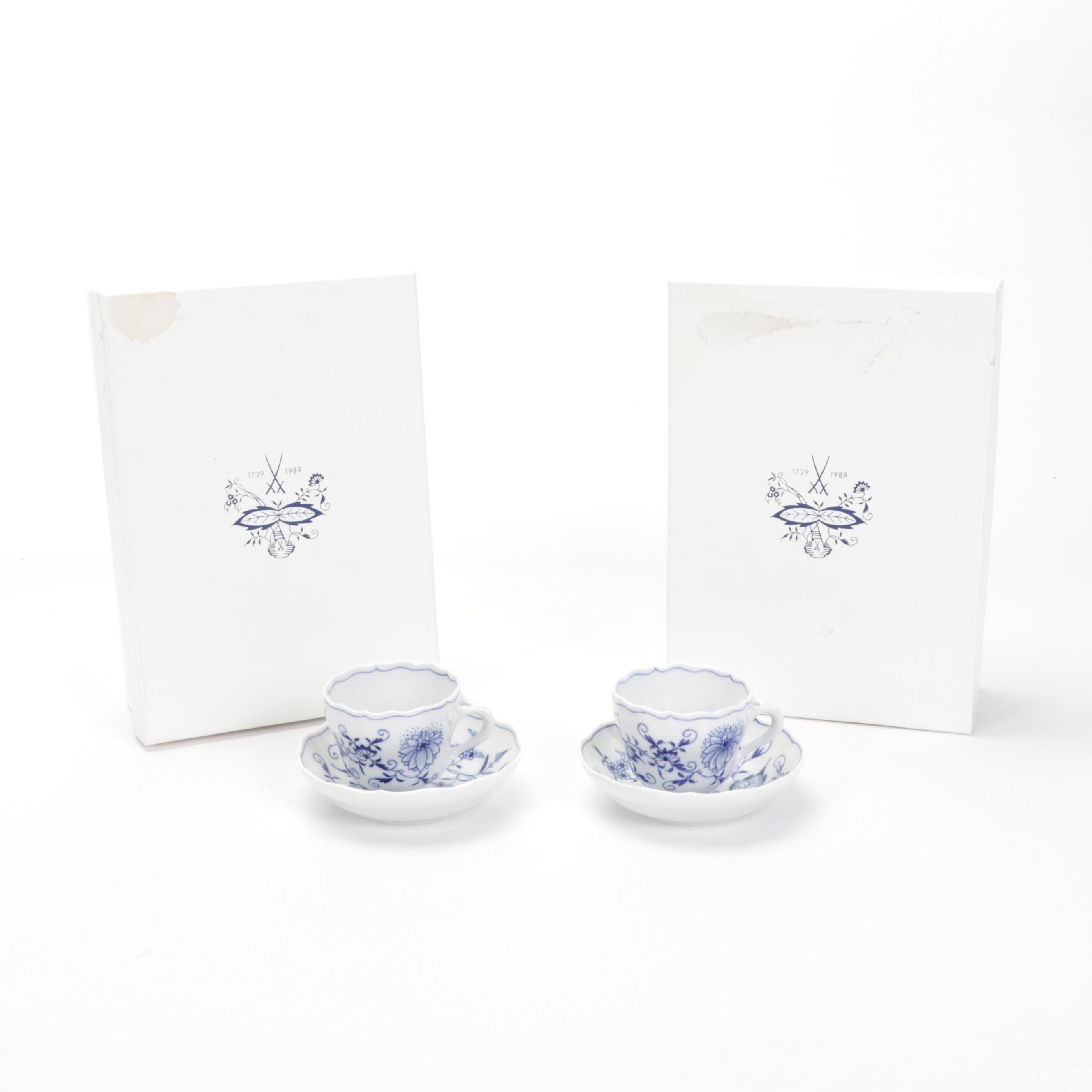 Meissen "Blue Onion" 250th Anniversary Teacups and Saucers, 1989
