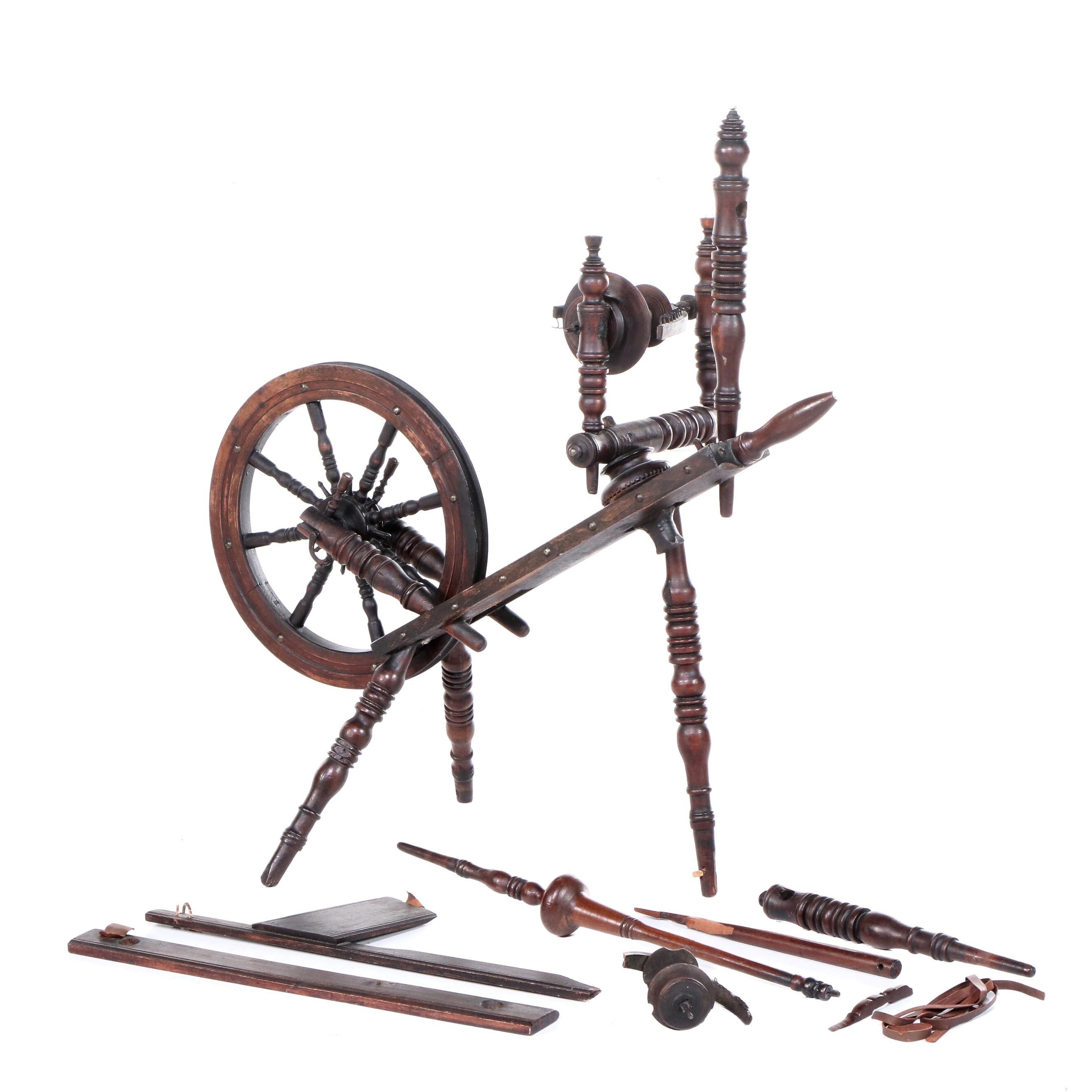 Victorian Porcelain-Mounted Hardwood Spinning Wheel, Mid to Late 19th Century