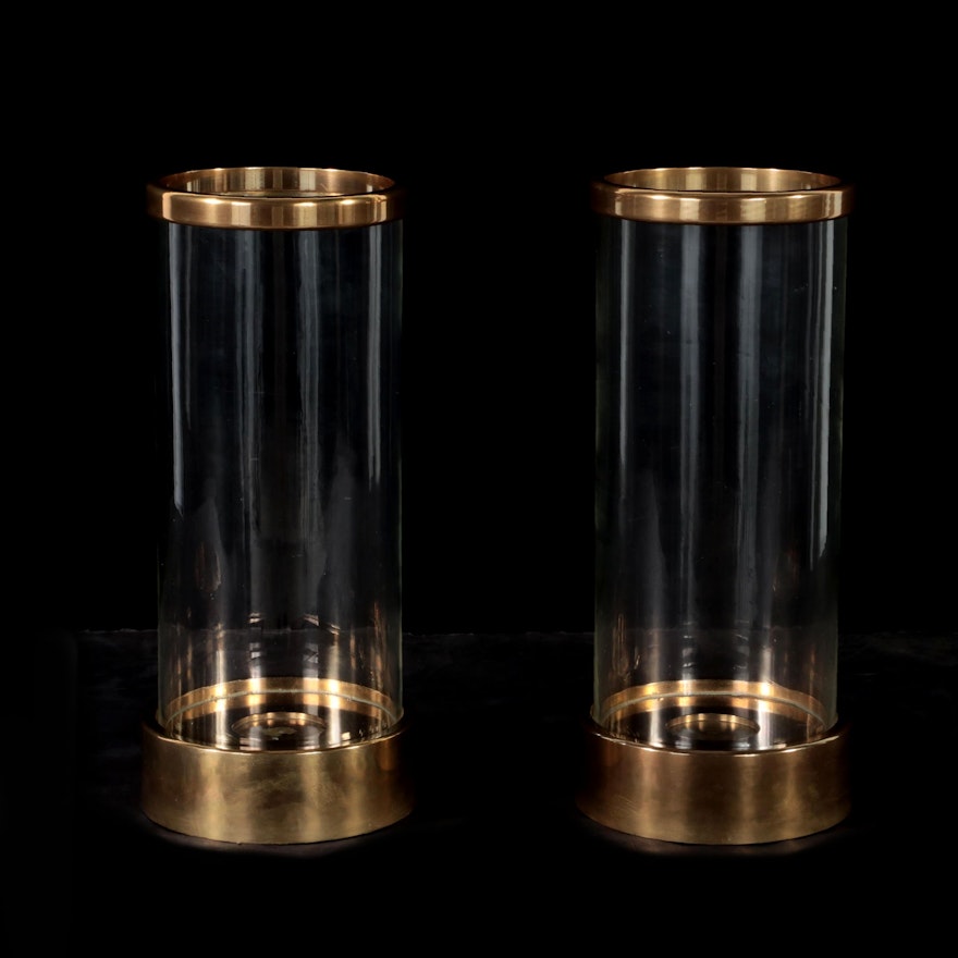 Pair of Chapman Brass and Glass Pillar Candle Hurricanes, 1977