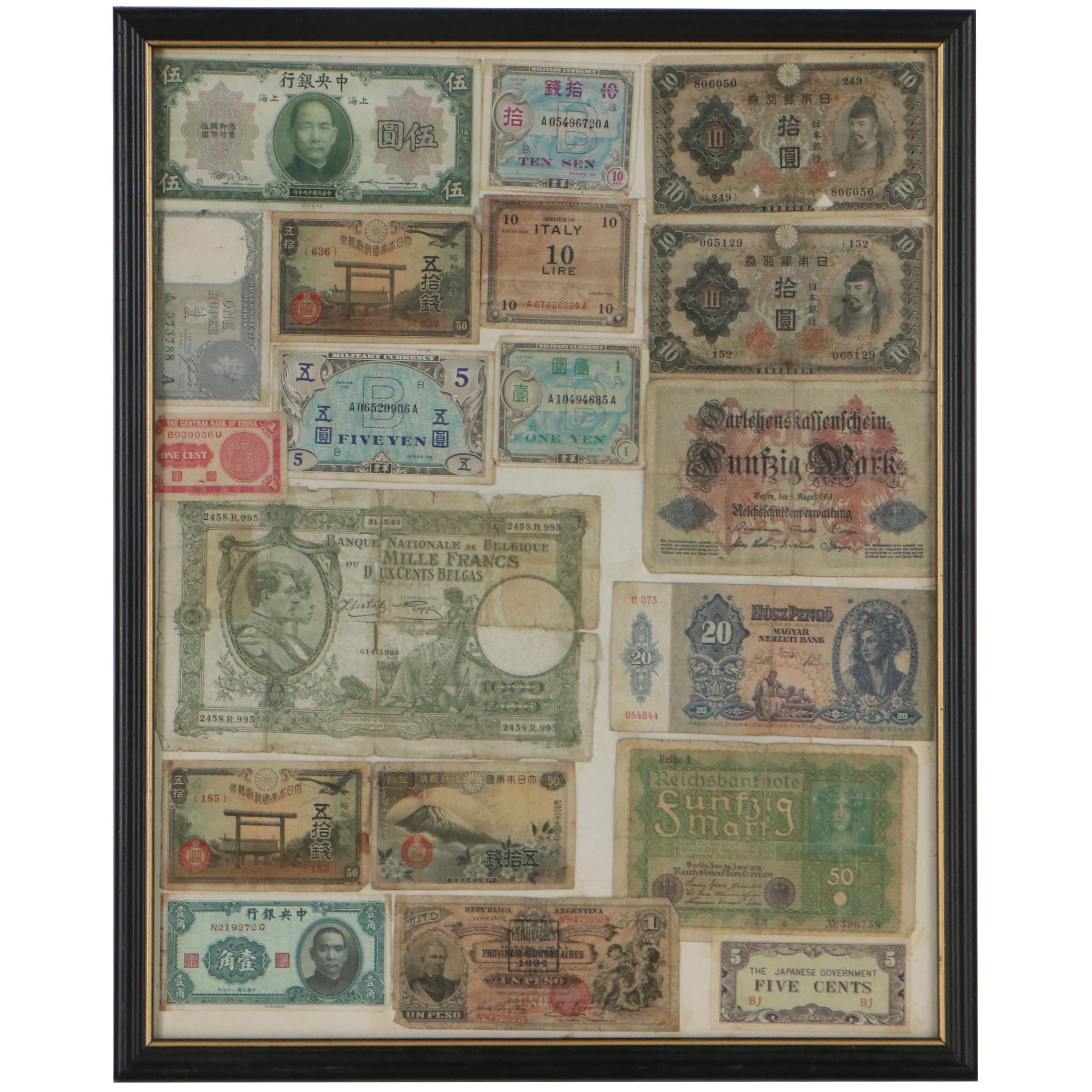 Allied Military Currency and International Banknote Framed Display