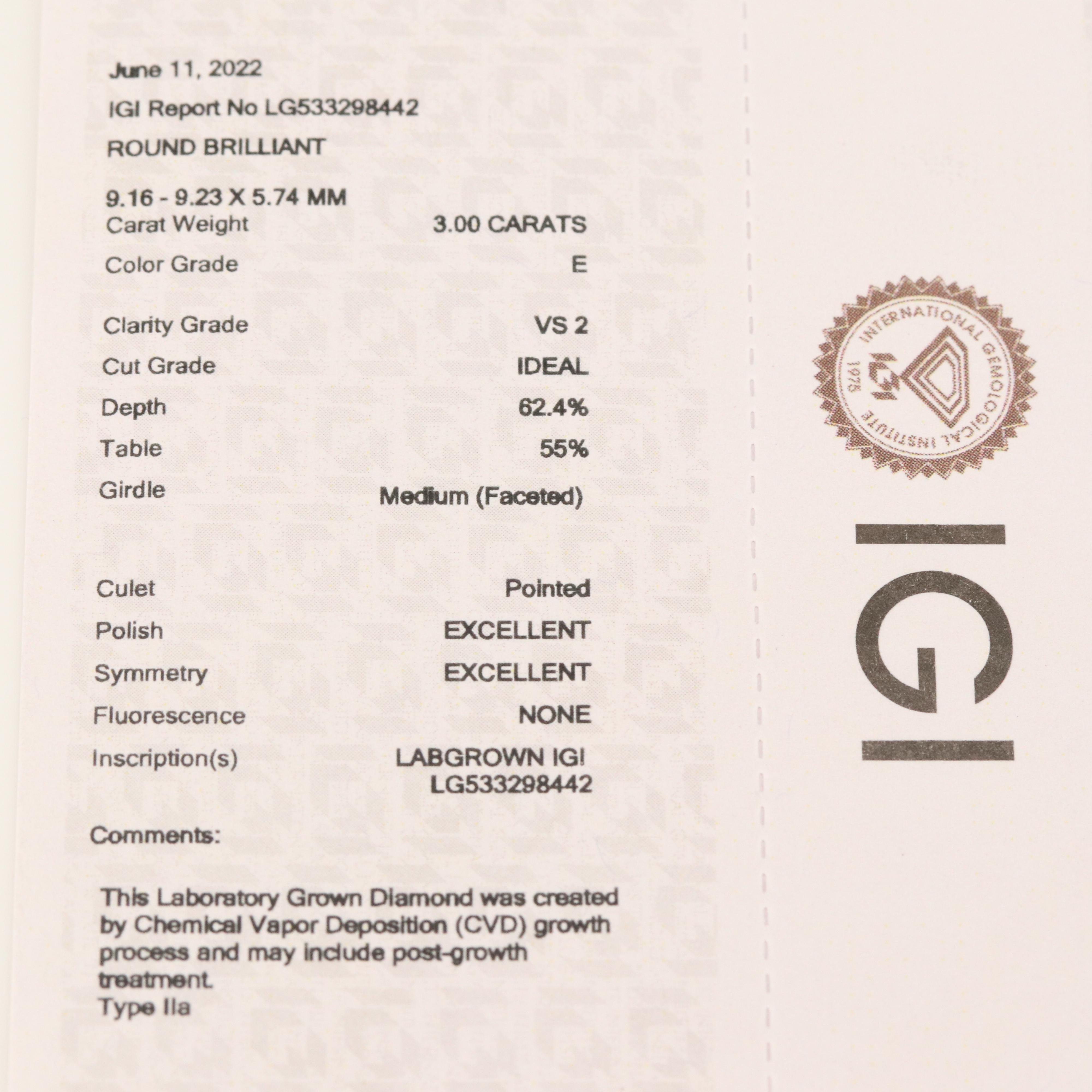 Loose 3.00 CT Lab Grown Diamond with IGI Report