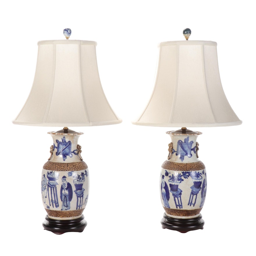Chinese Blue and White Crackleware Earthenware Vase Table Lamps