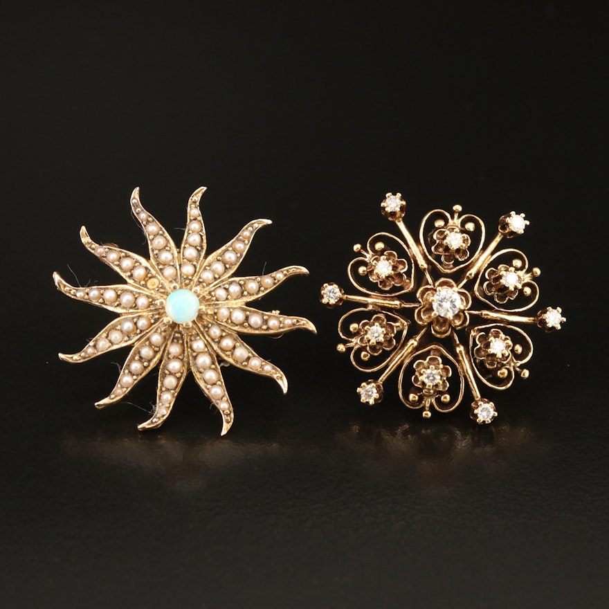 14K Opal, Seed Pearl and Diamond Starburst Brooches