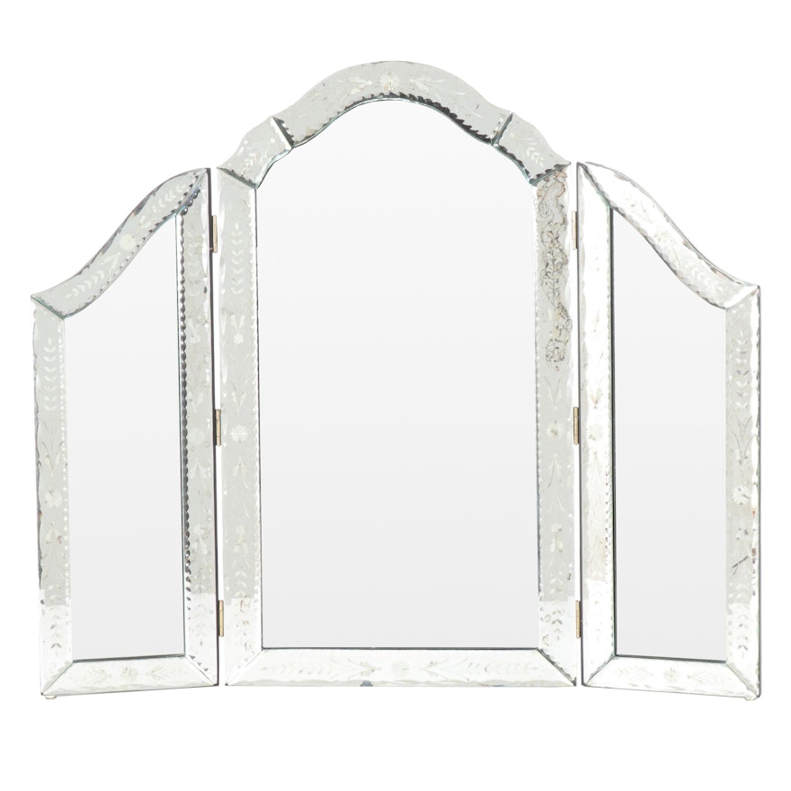 Venetian Style Etched Glass Trifold Vanity Mirror