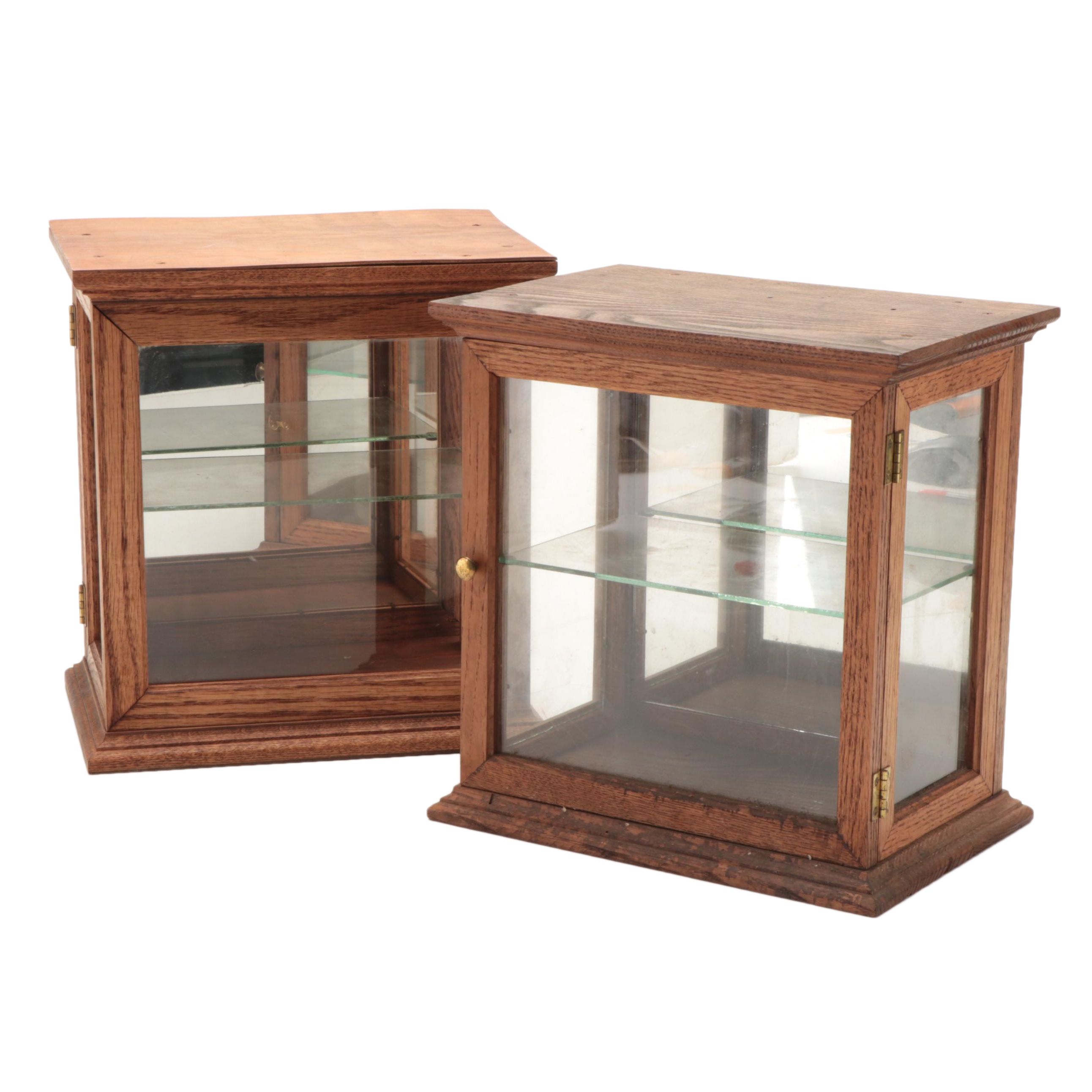 Oak and Glass Shelf Mirror Backed Display Cabinets