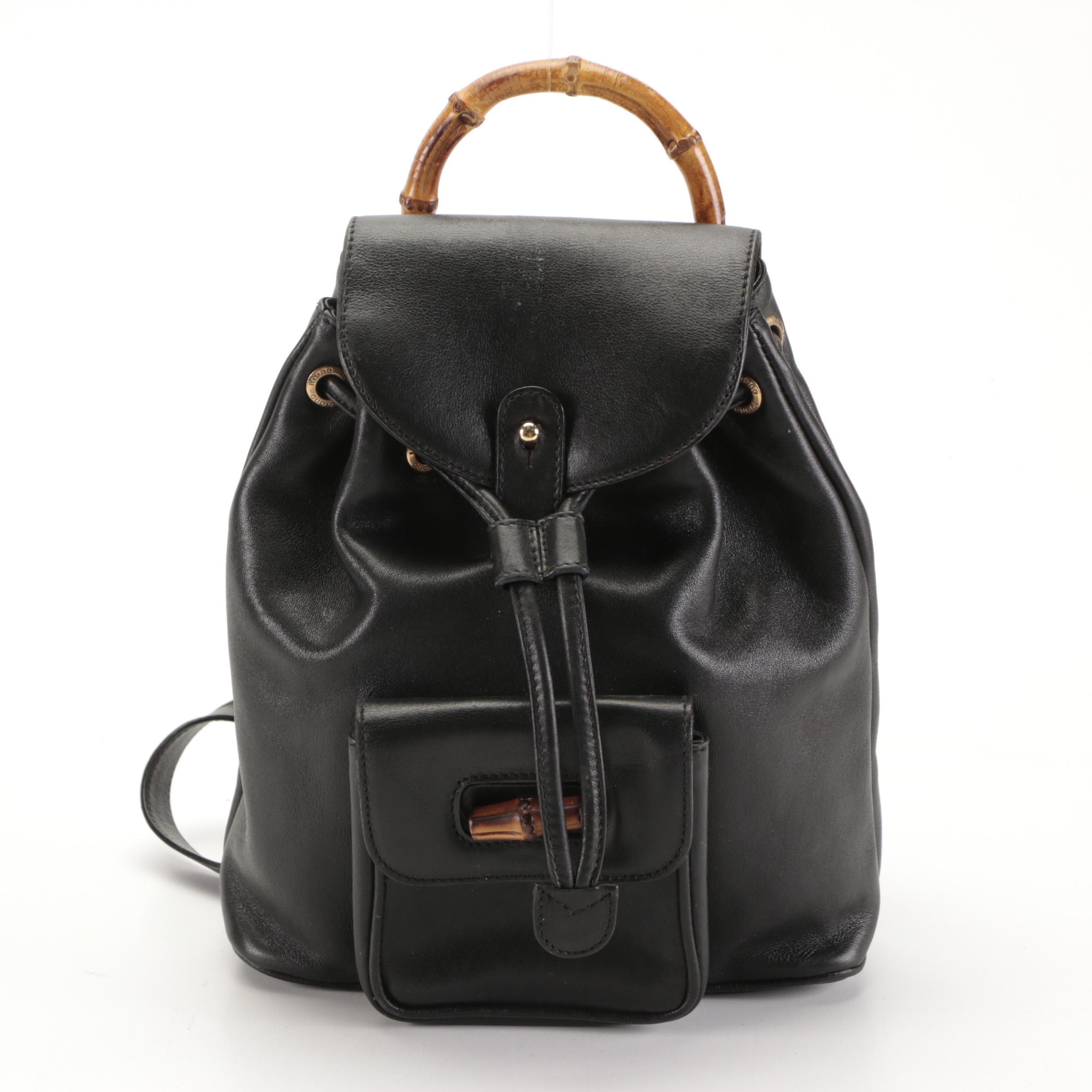 Gucci Mini Bamboo Rucksack Backpack and Wallet in Black Leather