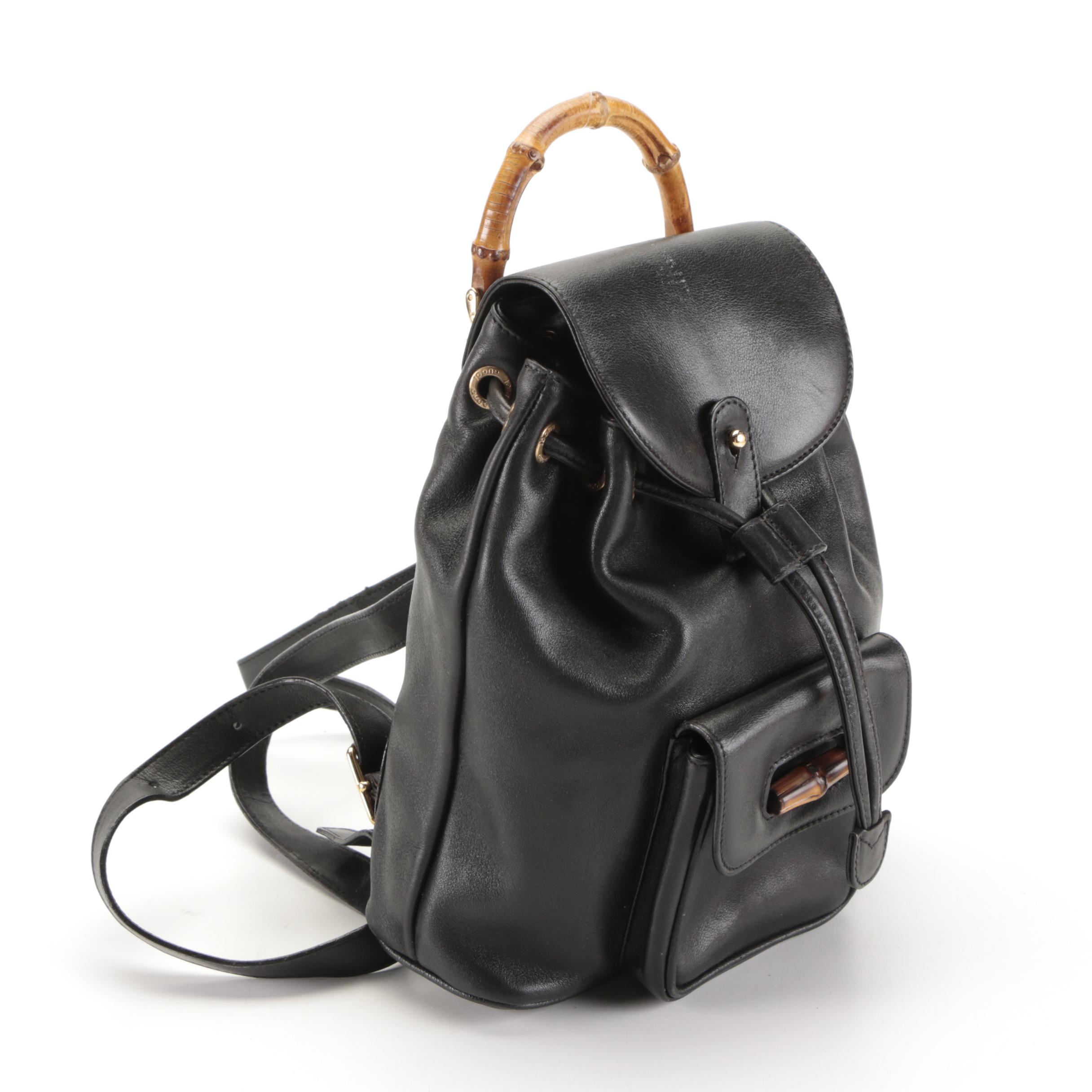 Gucci Mini Bamboo Rucksack Backpack and Wallet in Black Leather