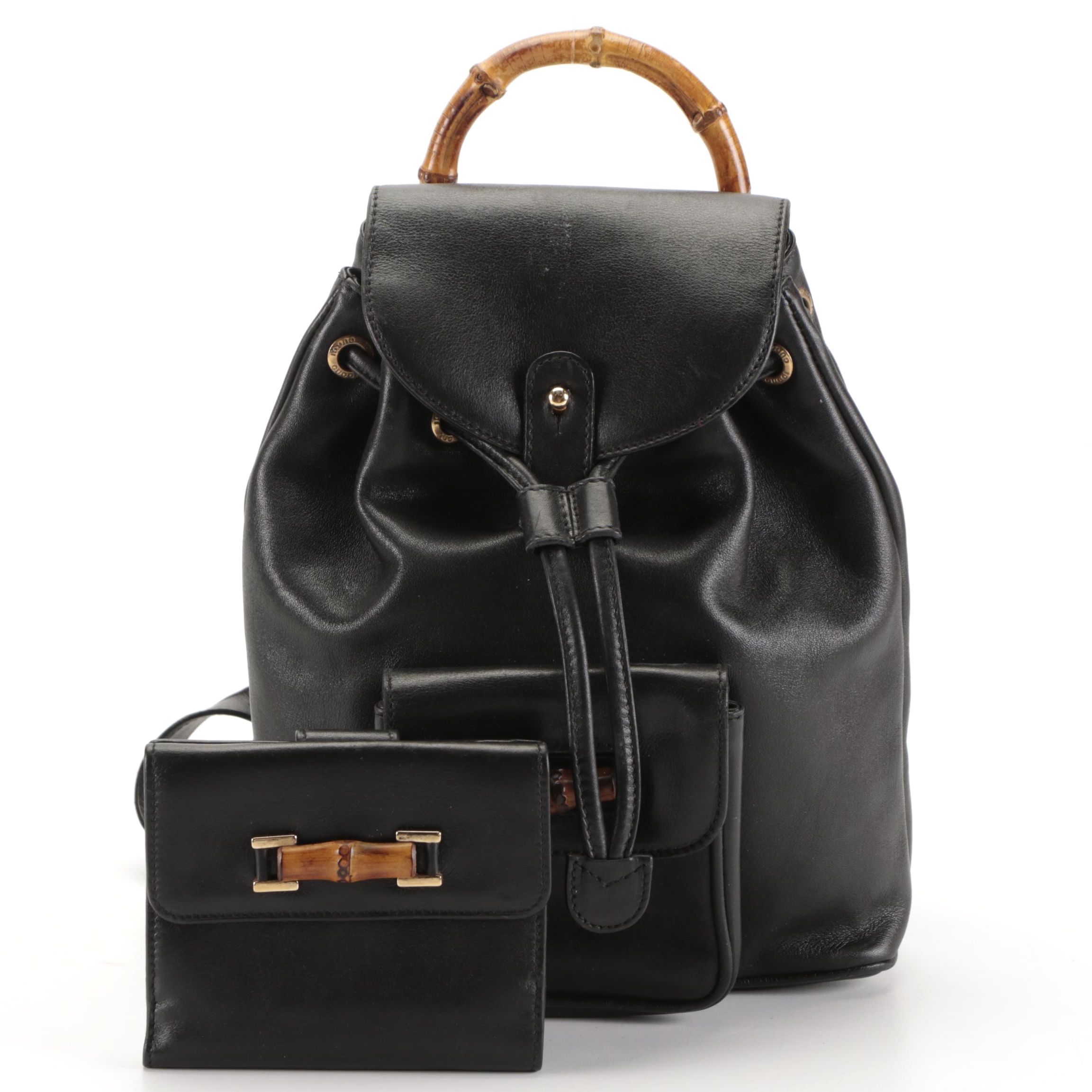 Gucci Mini Bamboo Rucksack Backpack and Wallet in Black Leather