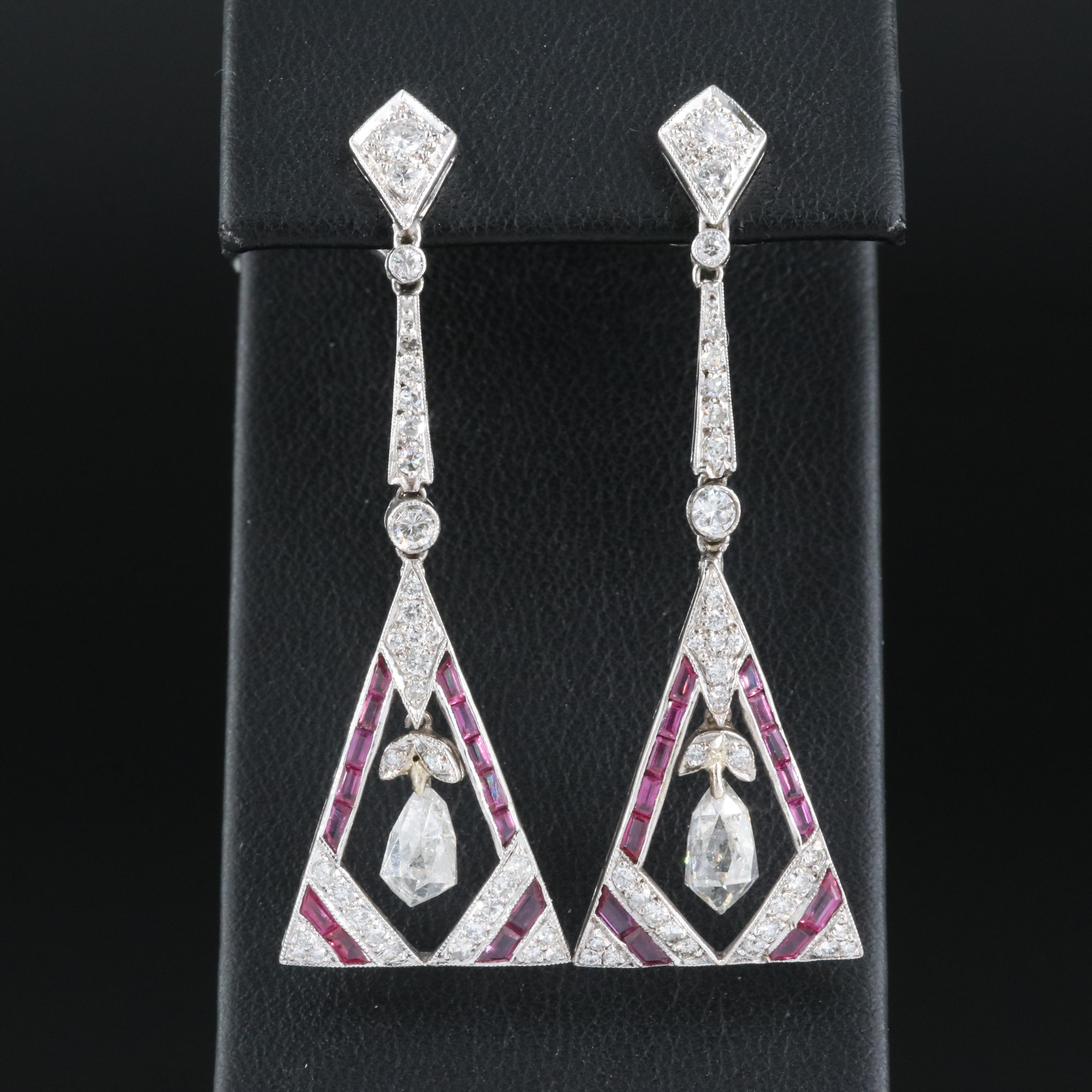 Art Deco Style 18K 2.55 CTW Diamond and Ruby Pendulum Earrings