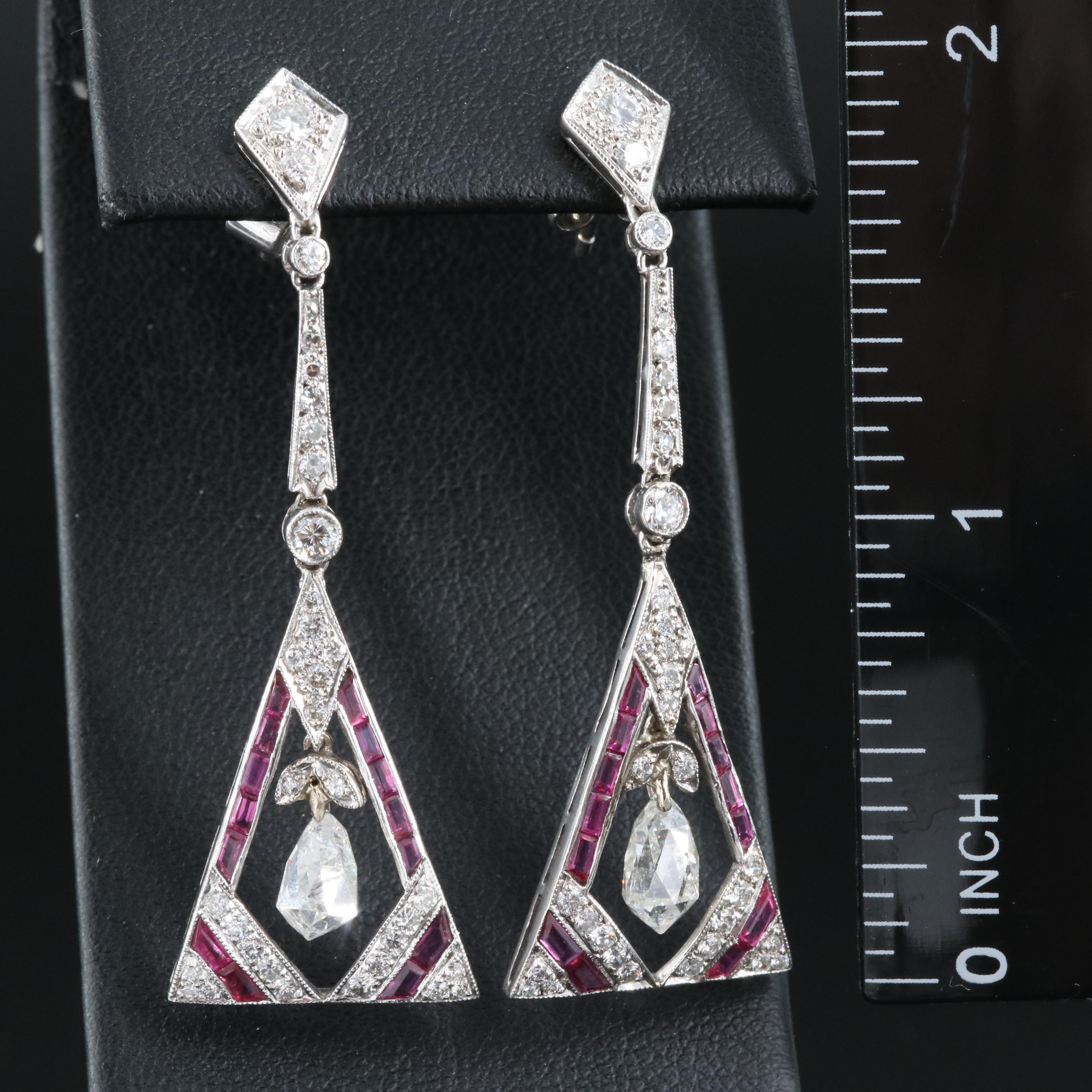 Art Deco Style 18K 2.55 CTW Diamond and Ruby Pendulum Earrings