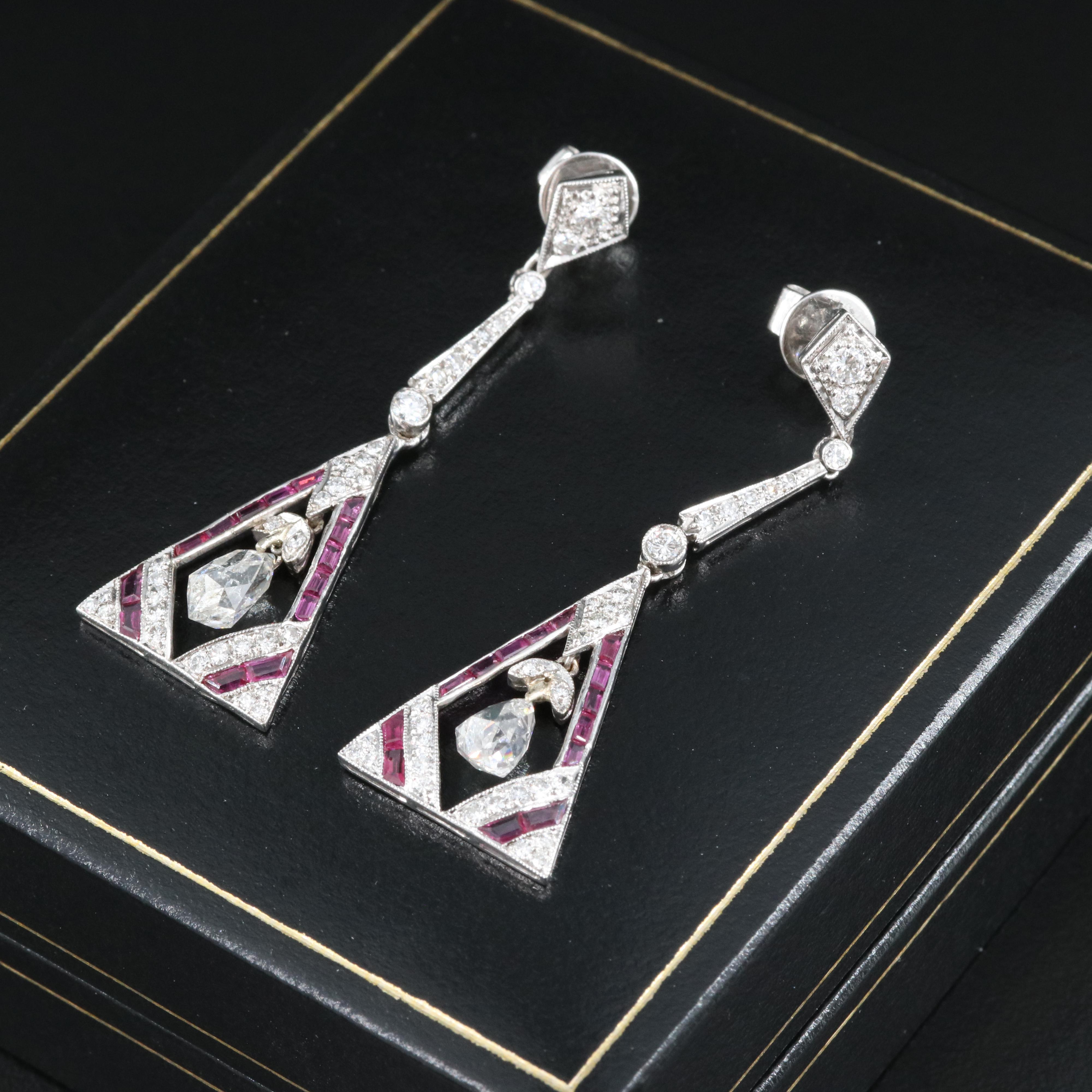 Art Deco Style 18K 2.55 CTW Diamond and Ruby Pendulum Earrings