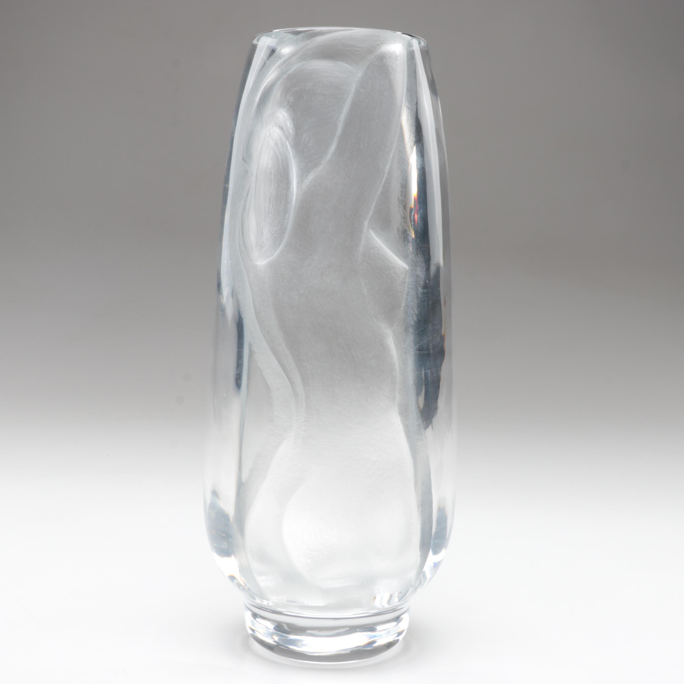 Plátek Bohemian Engraved Nude Figure Clear Czech Crystal Vase, 1977