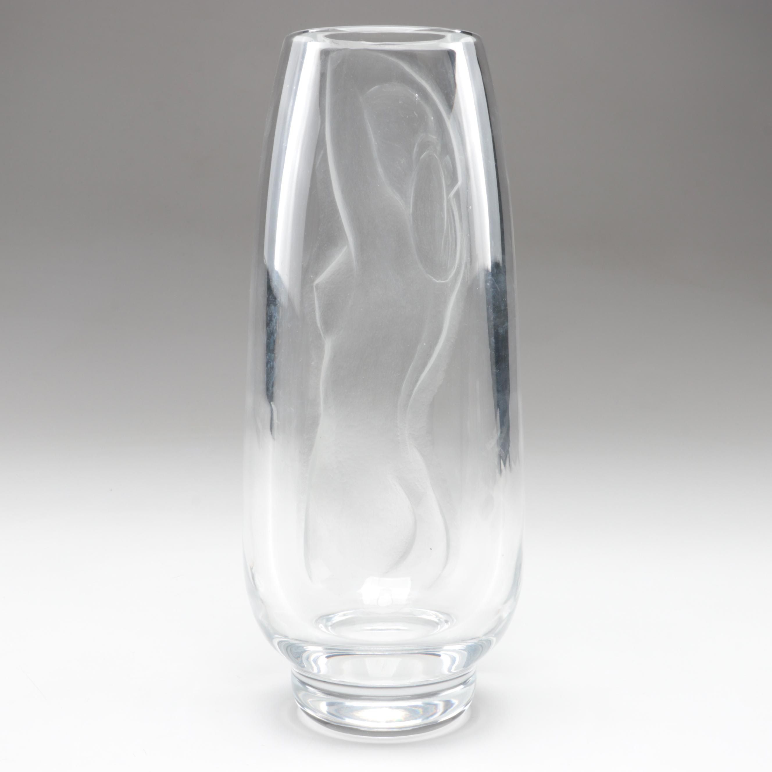 Plátek Bohemian Engraved Nude Figure Clear Czech Crystal Vase, 1977