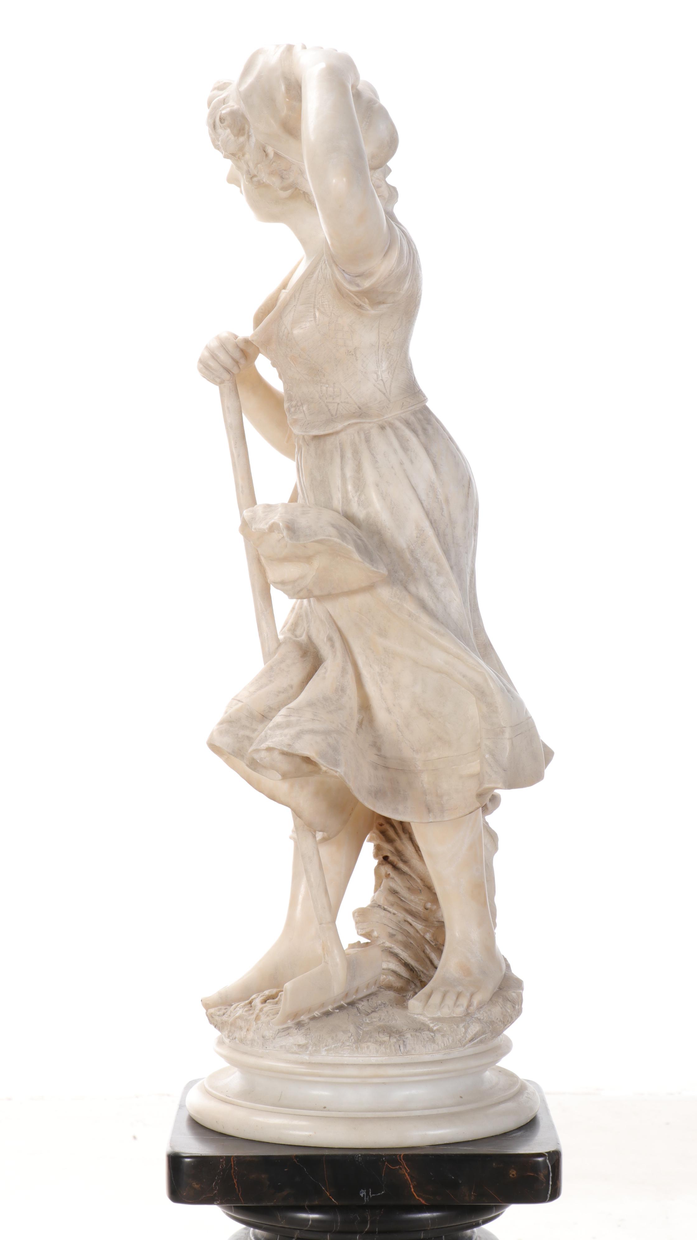 Adolfo Cipriani Alabaster Sculpture of Shepherdess on Marble Column
