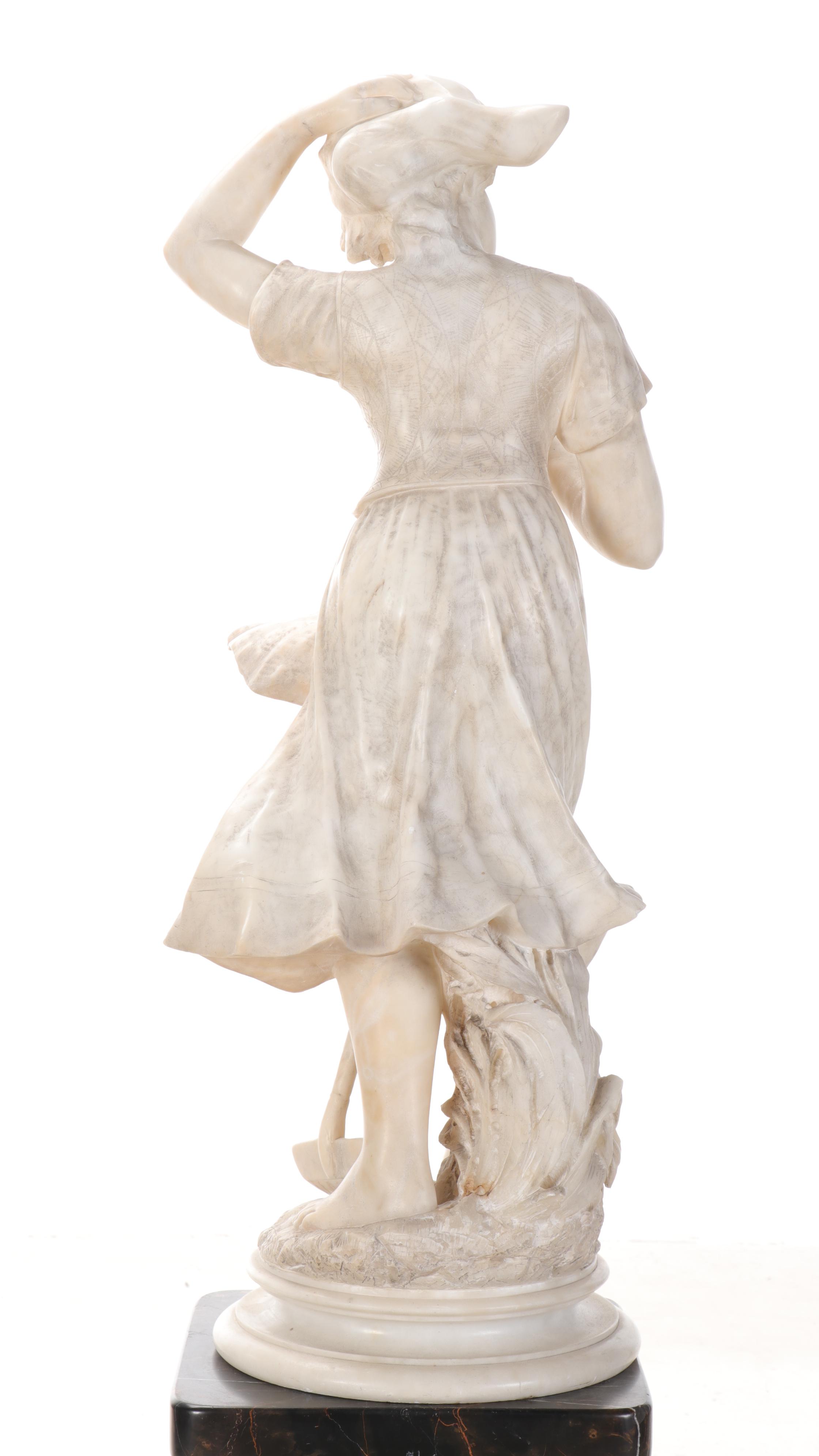 Adolfo Cipriani Alabaster Sculpture of Shepherdess on Marble Column