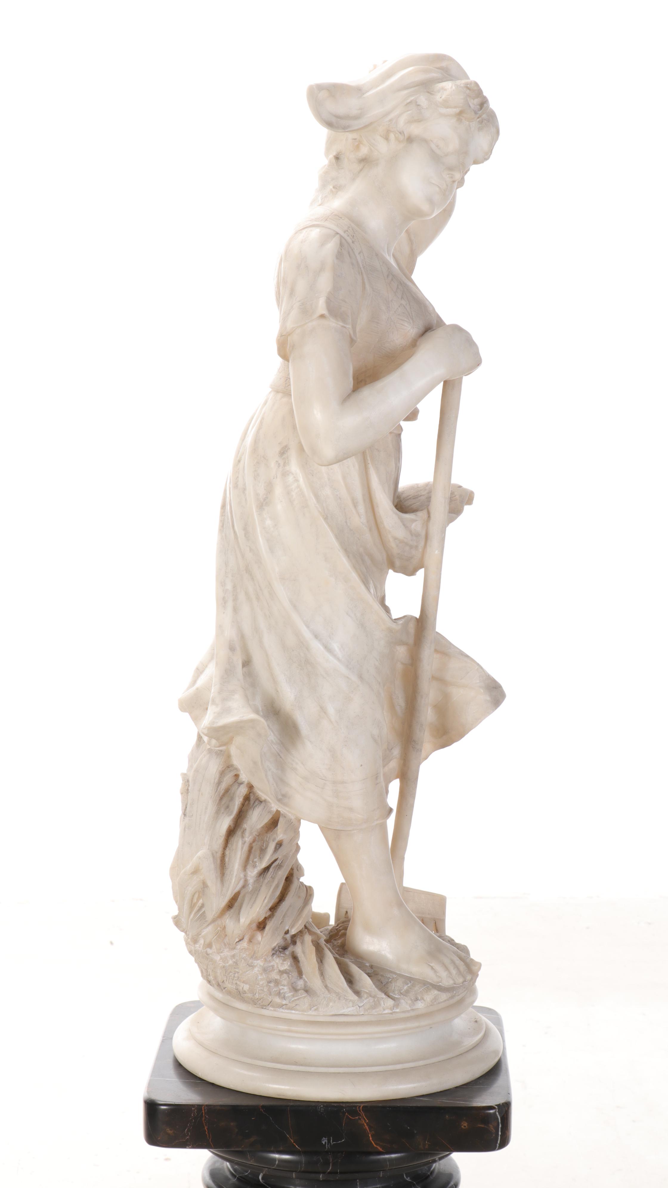 Adolfo Cipriani Alabaster Sculpture of Shepherdess on Marble Column