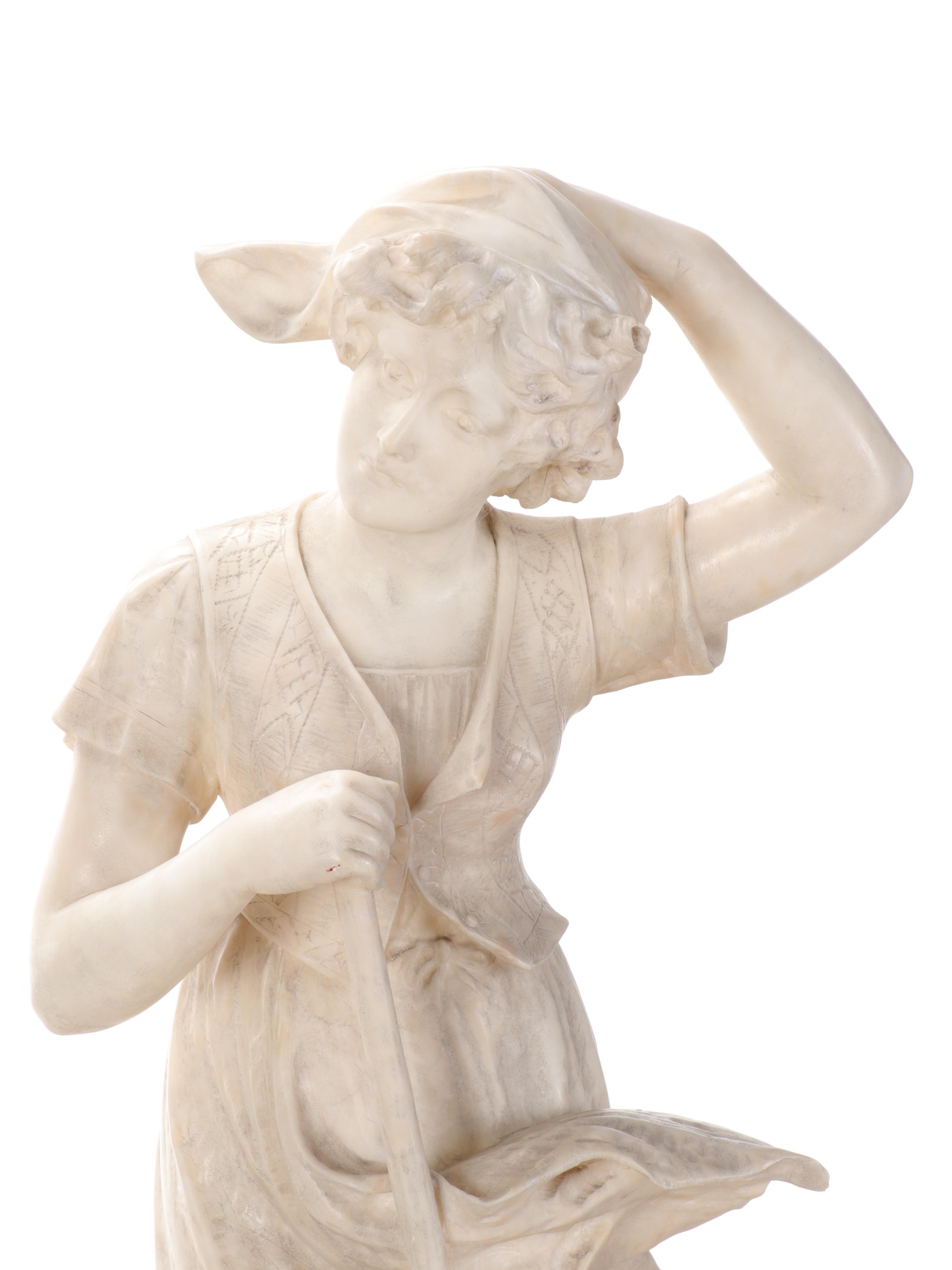 Adolfo Cipriani Alabaster Sculpture of Shepherdess on Marble Column