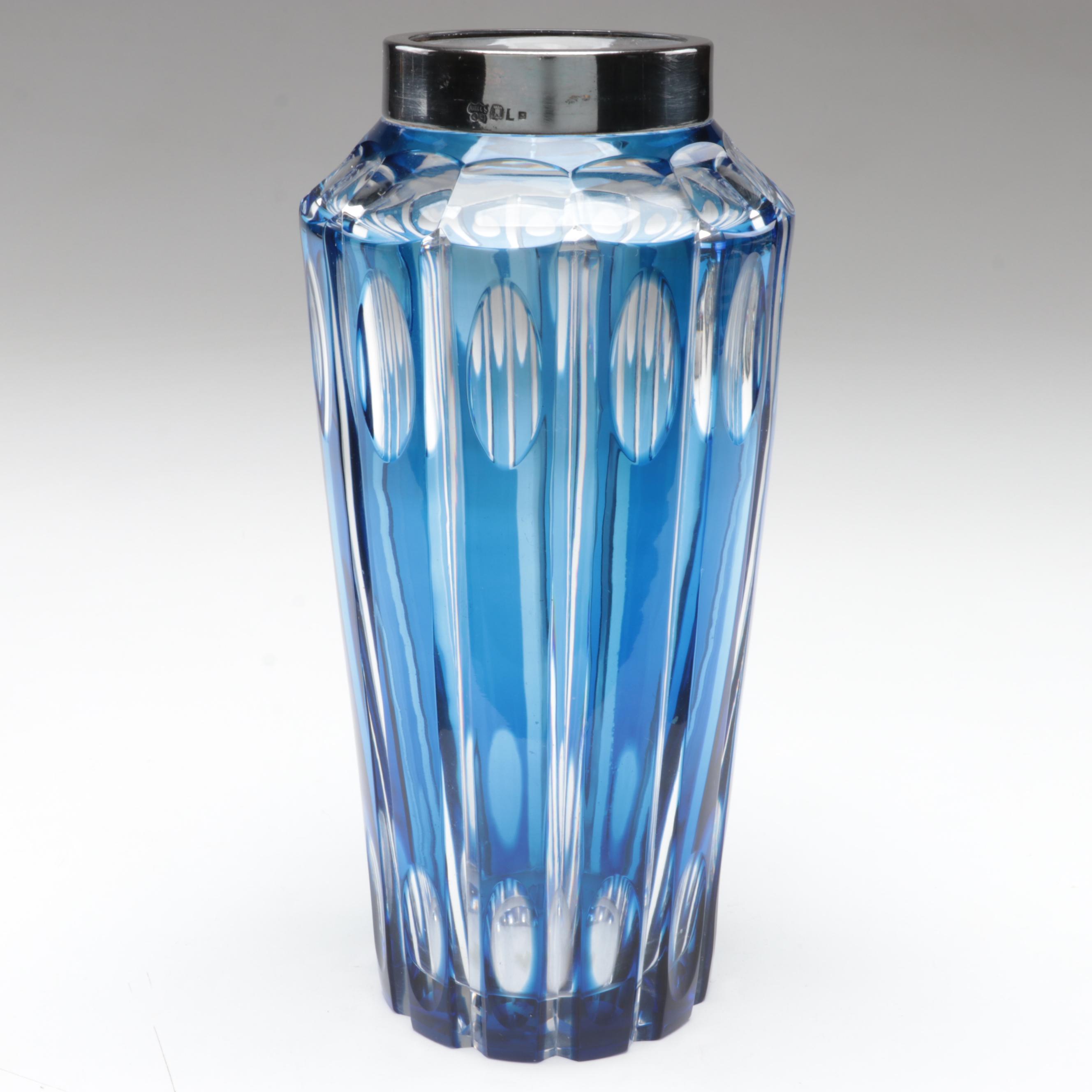 Bohemian Blue Cut to Clear with Silver Plate Rim Czech Art Glass Vase, 20th C.