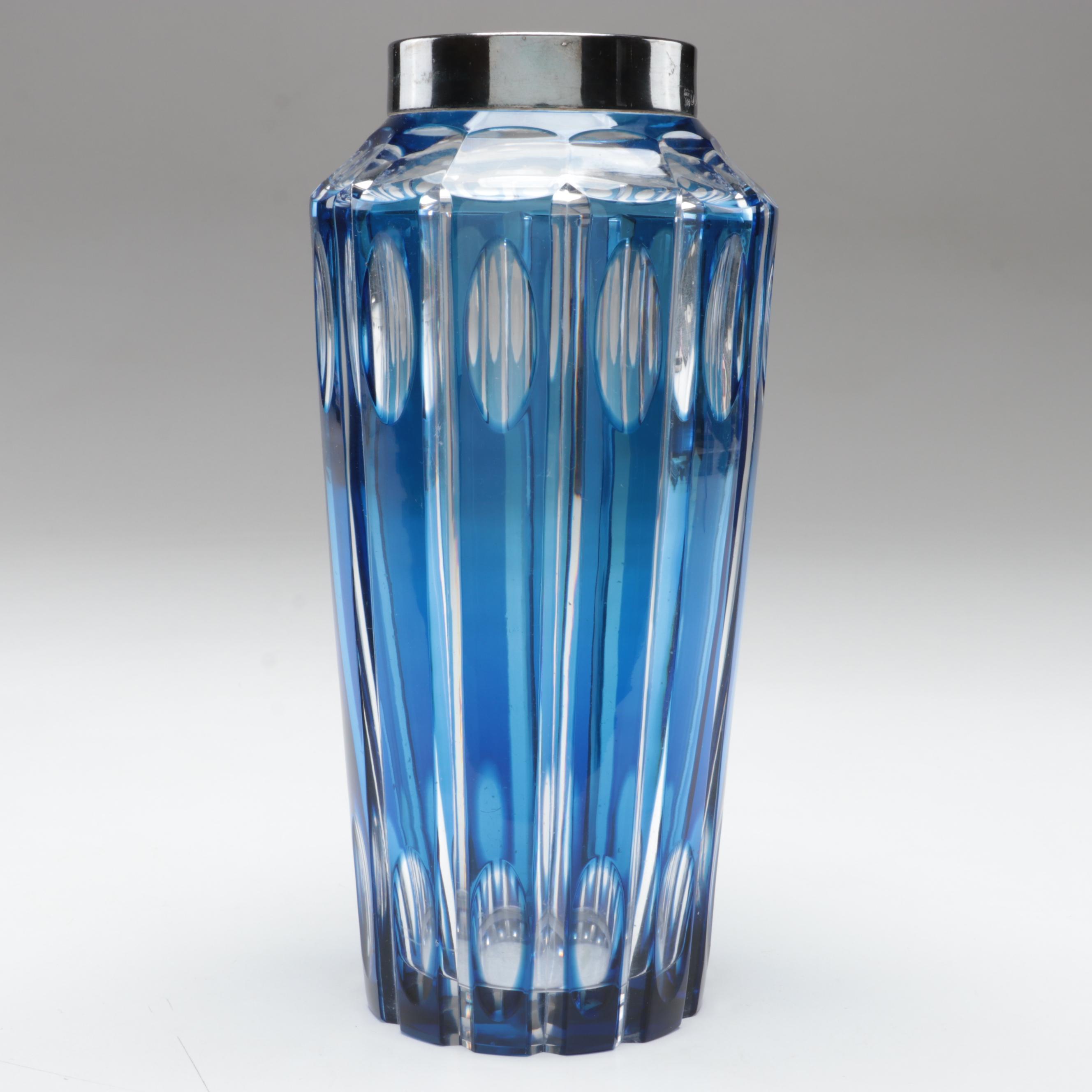 Bohemian Blue Cut to Clear with Silver Plate Rim Czech Art Glass Vase, 20th C.